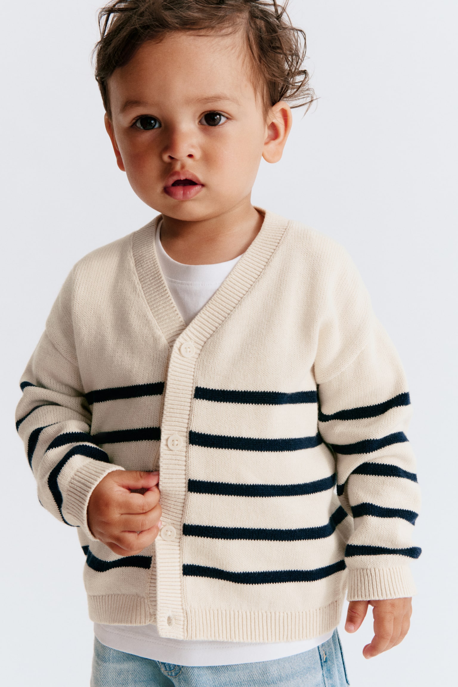 Cotton-knit cardigan - White/Blue striped - 1