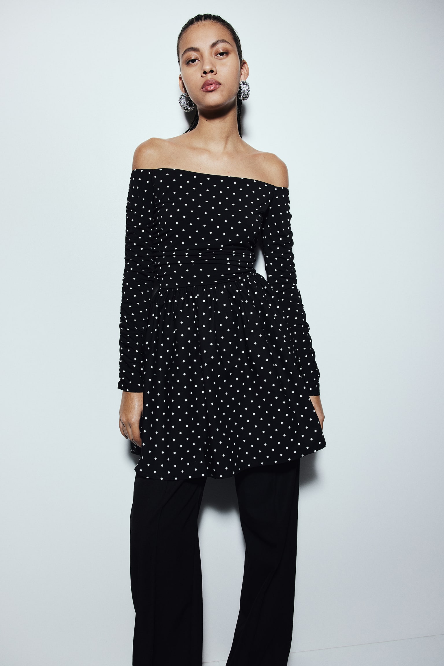 Gathered Off The Shoulder Dress - Black/Spot - 6