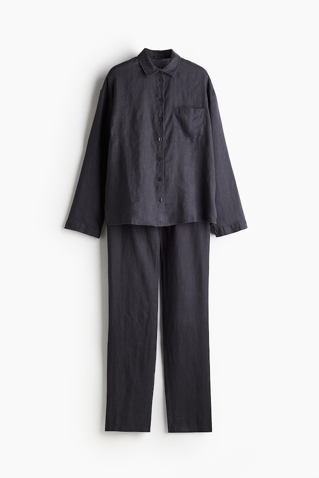 Washed linen pyjamas - Anthracite grey/Light beige - 1