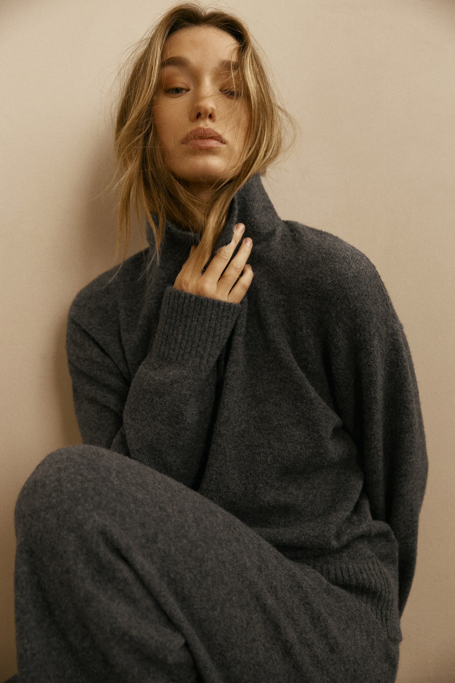 Cable-knit polo jumper - Dark grey marl/Dusty beige/Beige/Light grey marl/Beige - 3