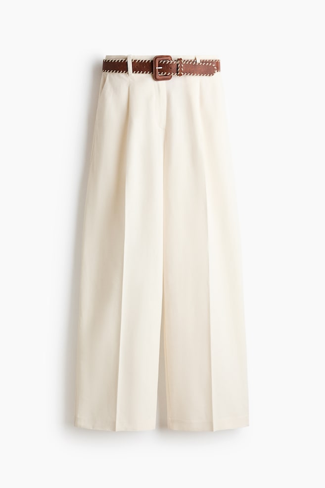 Belted linen-blend trousers - Cream - 1