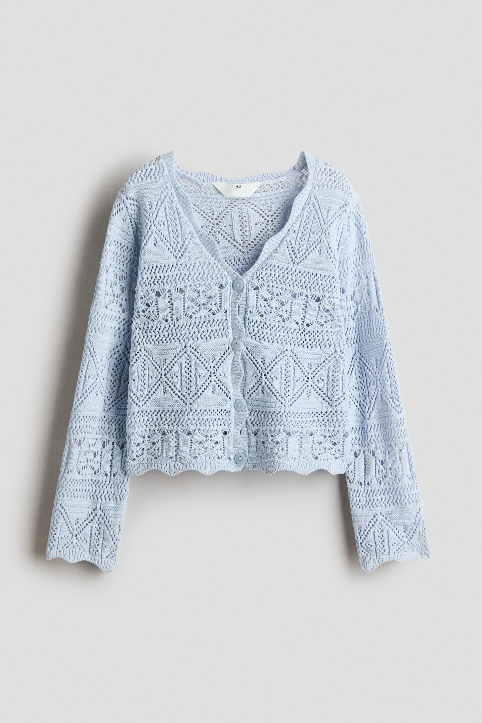Crochet-Look Cardigan - Light blue/White