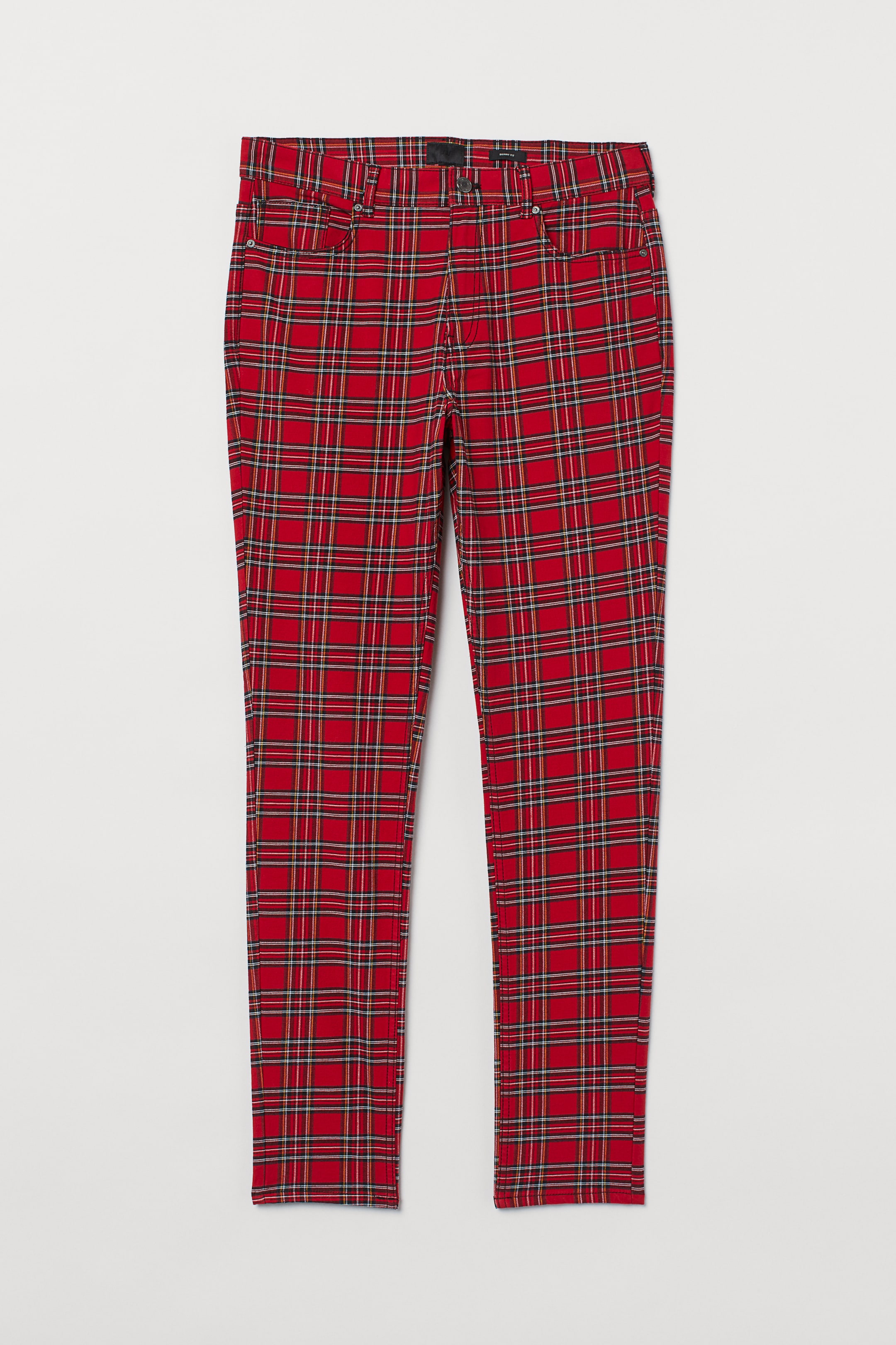 Skinny Fit Twill Pants - Regular waist - Long - Red/plaid - Men | H&M US