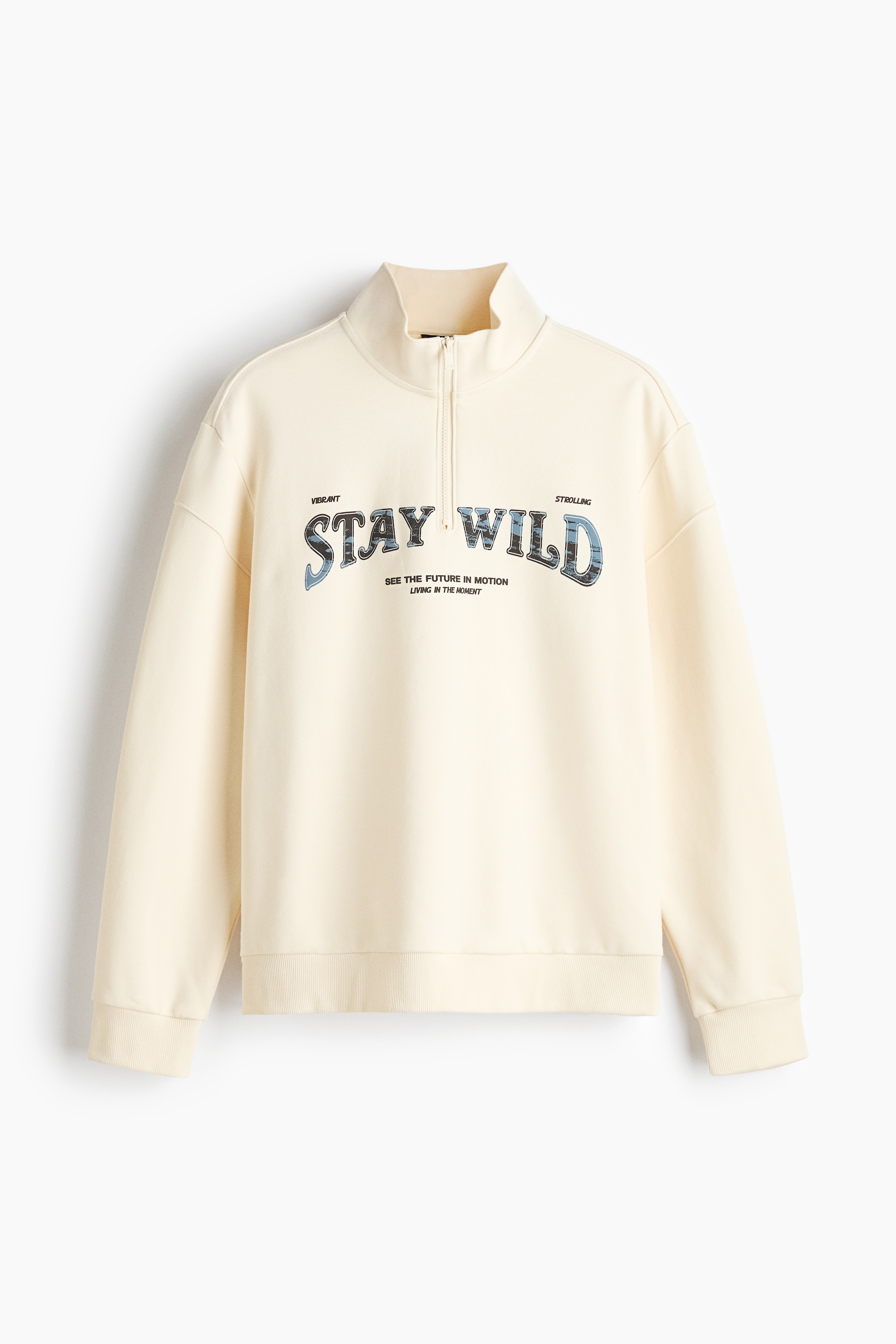 지퍼 디테일 프린트 스웨트셔츠 루즈핏 - 화이트/Stay Wild/블랙/Stay Wild