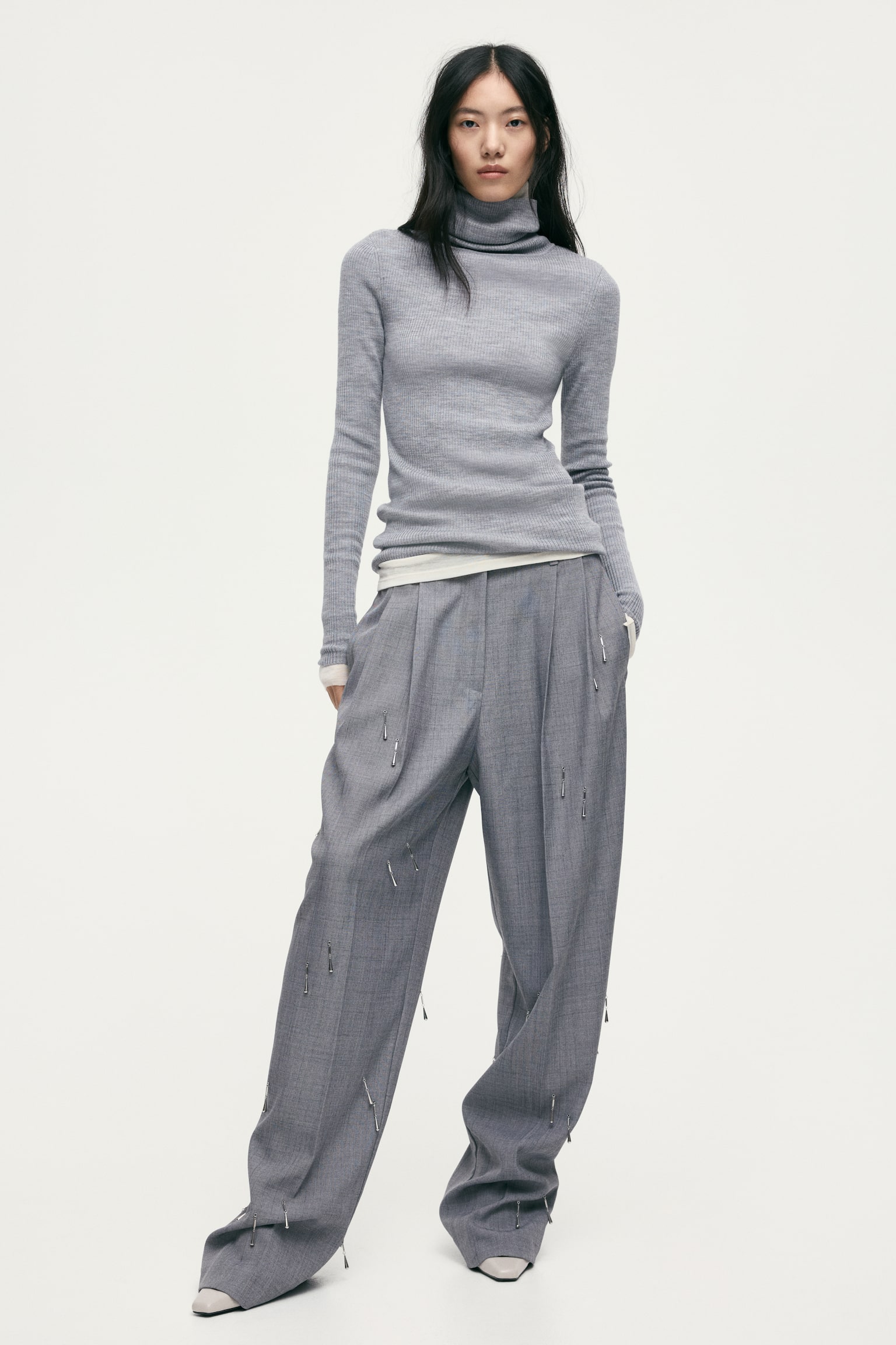 メリノウールロールネックトップス - グレーメランジ - 4