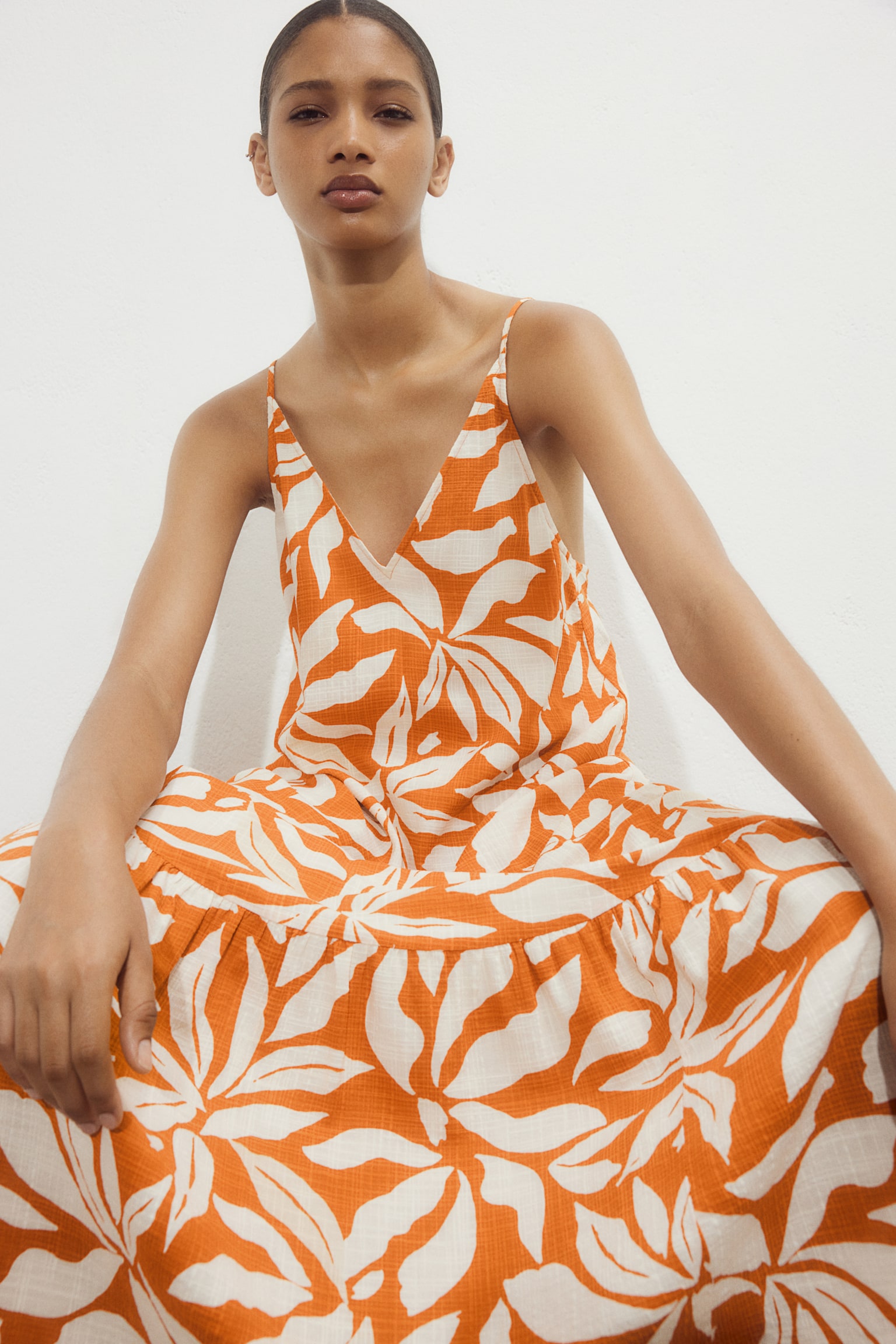 Long A-line Dress - Orange/Pattern - 5