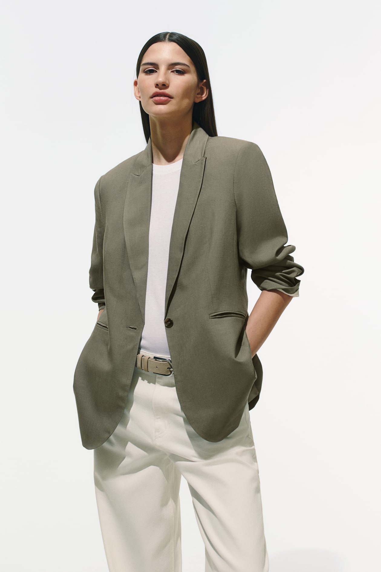 Blazer en lin mélangé Vert kaki FEMME H&M FR