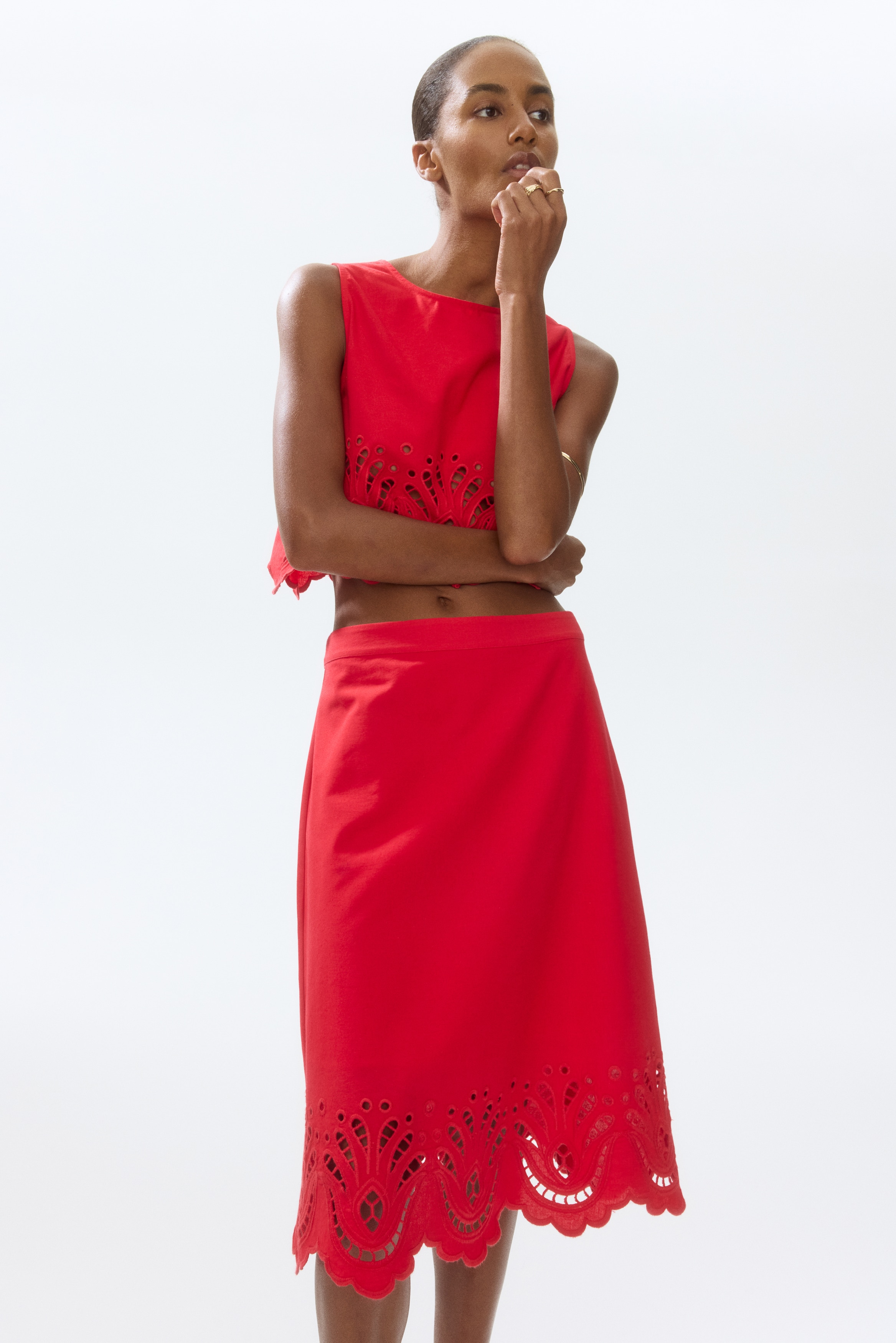 Broderie anglaise linen-blend skirt - Red