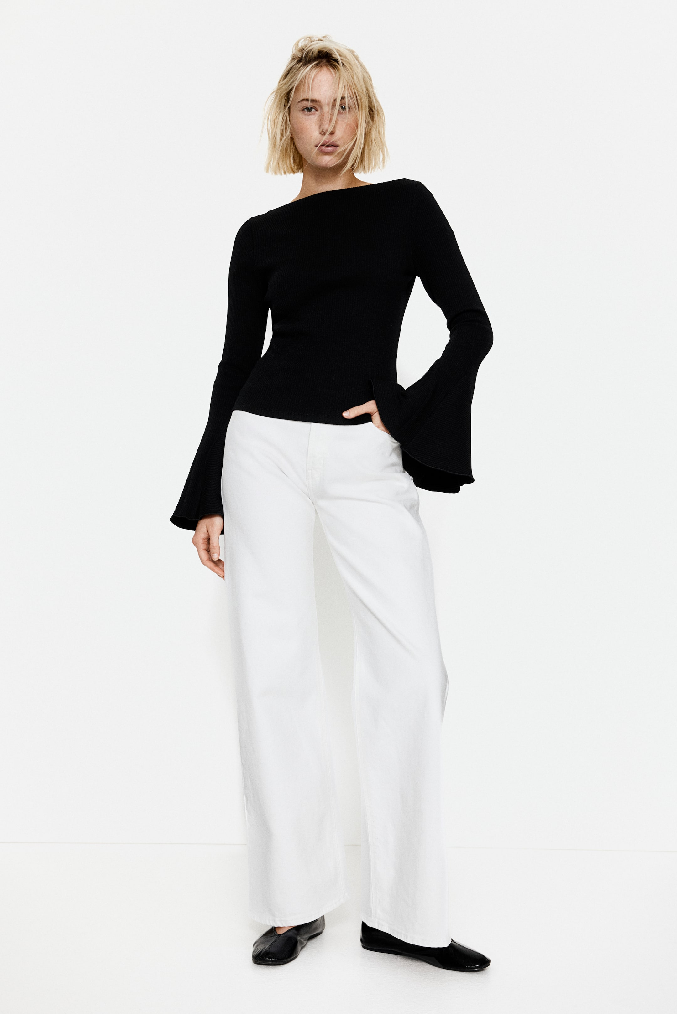 Trumpet-Sleeved Ribbed Top