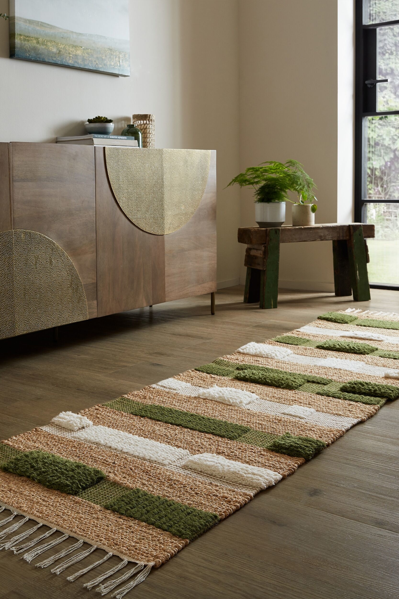 Medina Blocks Jute Blend Runner Rug - Natural/green/Natural/mono