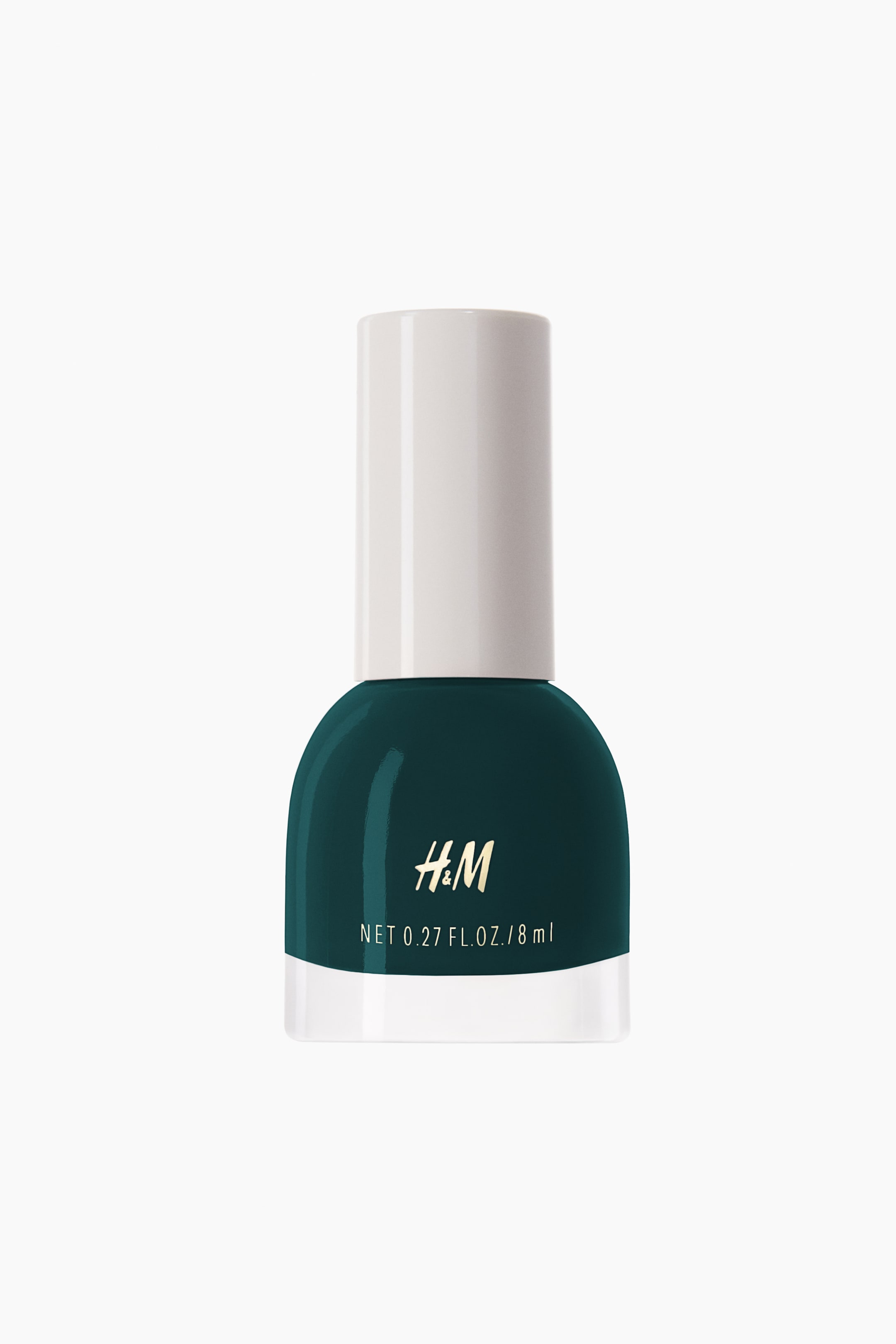 Grotere afbeelding bekijken: Een donker teal nagellakflesje staat frontaal, met een witte cilindrische dop en een heldere glazen basis. Het H&M-logo en "NET 0,27 FL. OZ. / 8 ml" zijn in het wit op de voorkant gedrukt.