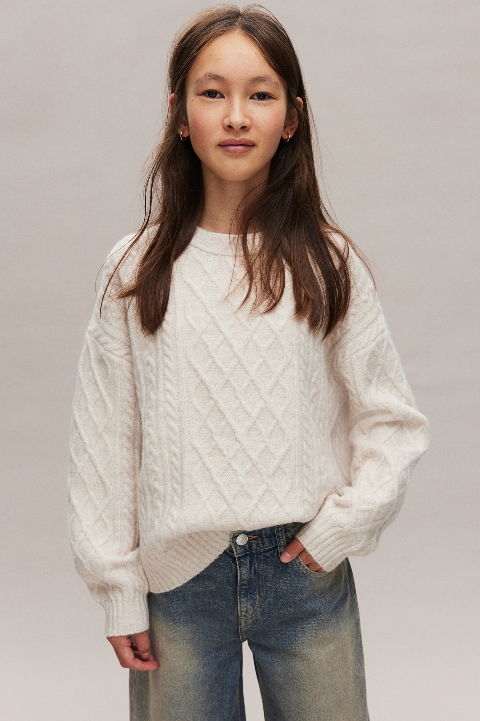 Cable-knit jumper - Cream/Grey/Red - 1