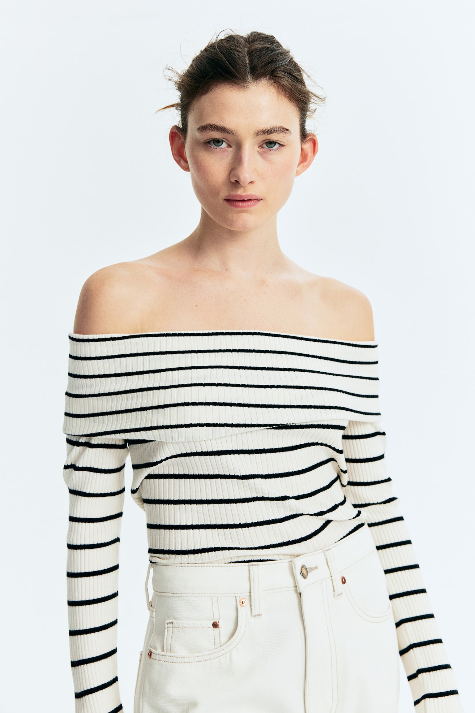 Off The Shoulder Rib Knit Top - Cream/Black stripe - 3