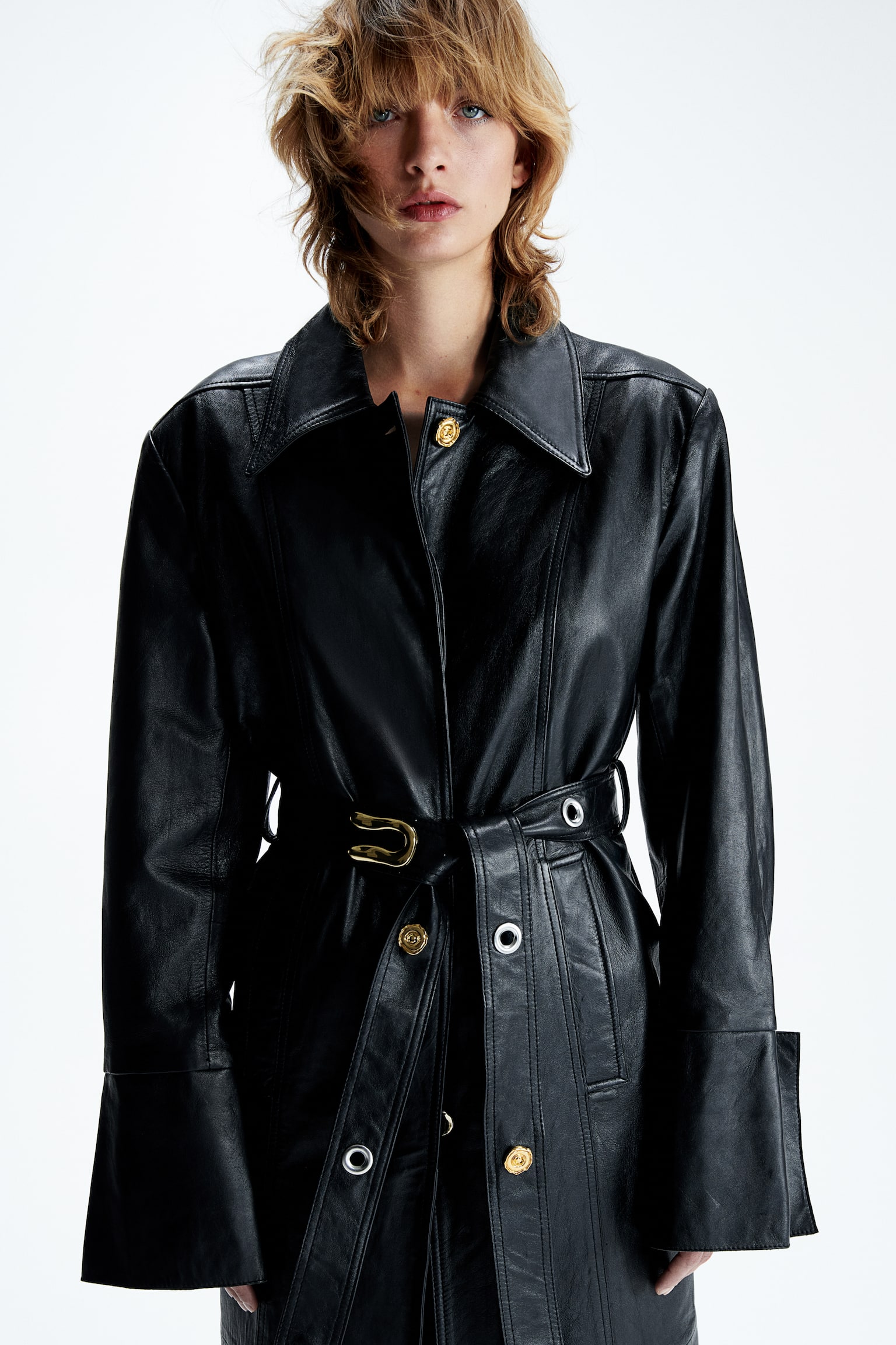 Statement-button leather coat - Black - 6