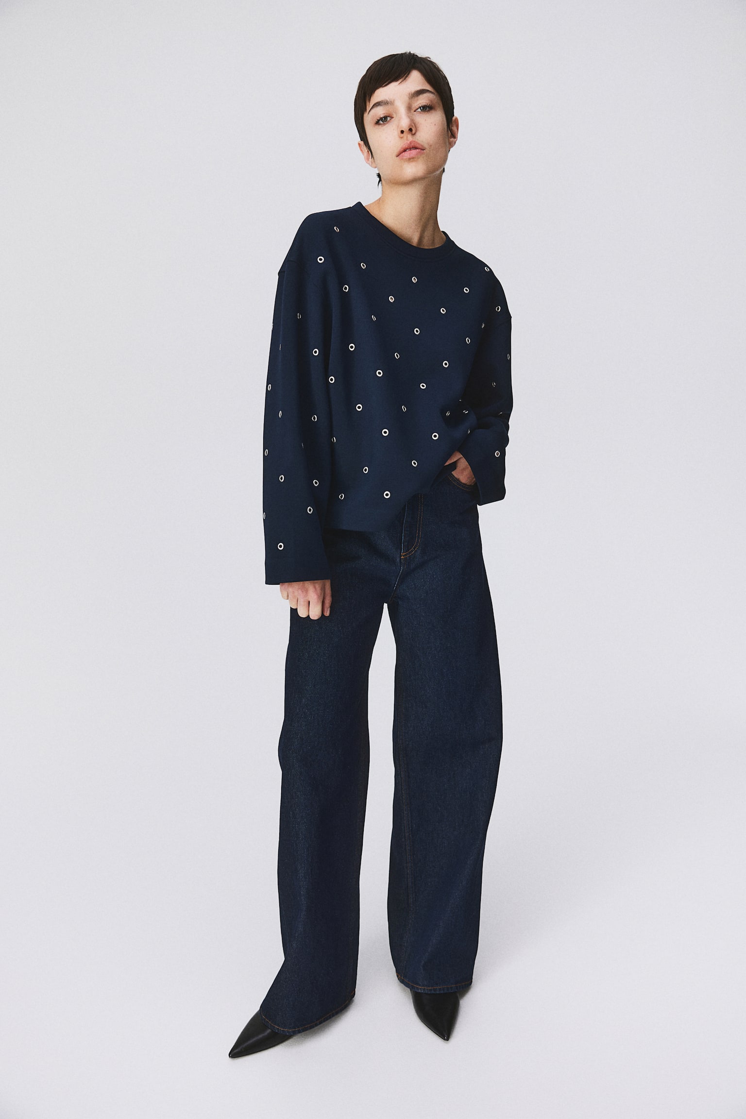 Eyelet-detail sweatshirt - Navy blue - 5