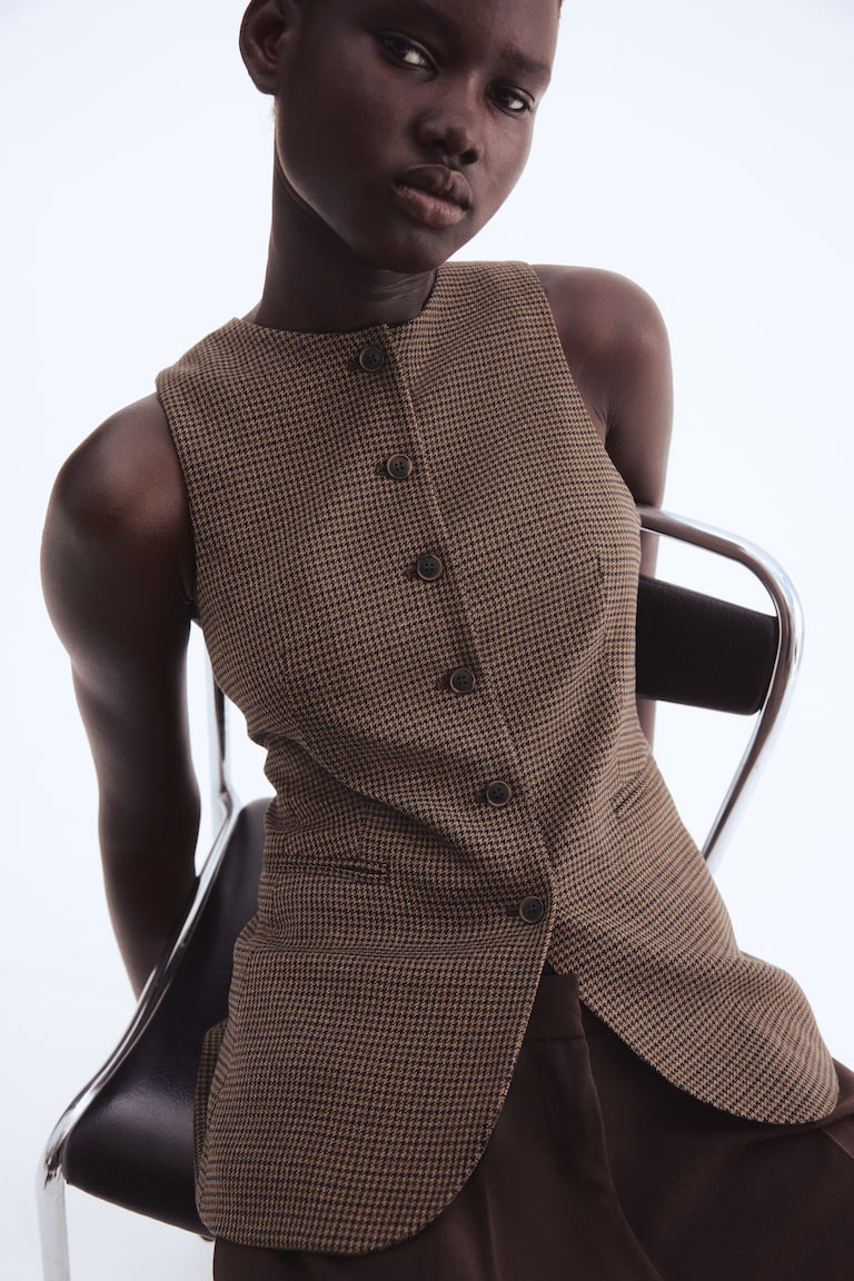 Chaleco largo Beige oscuro/Pata de gallo MUJER H&M ES