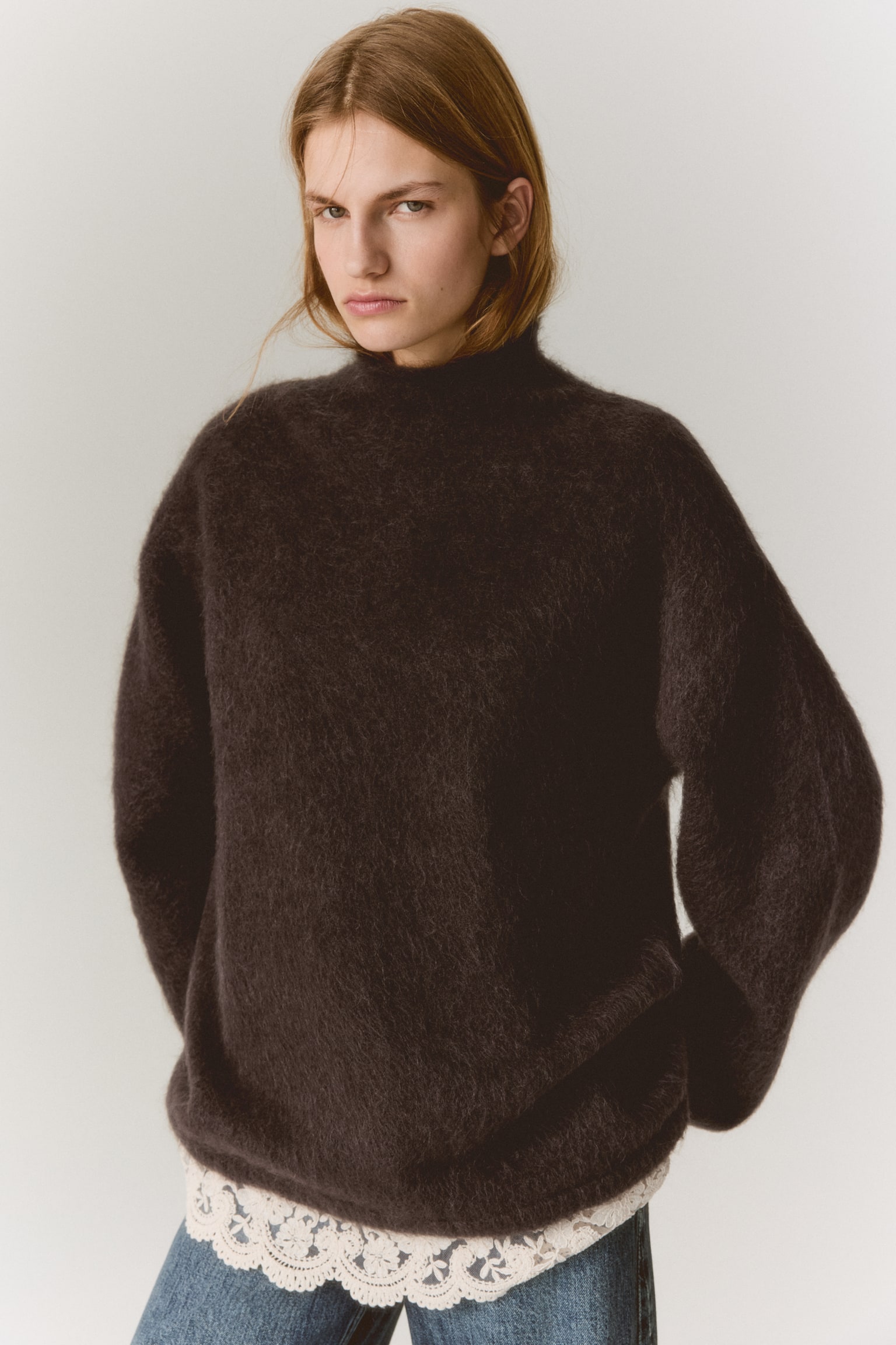 Lace-trimmed mohair-blend jumper - Dark brown/Grey marl - 5