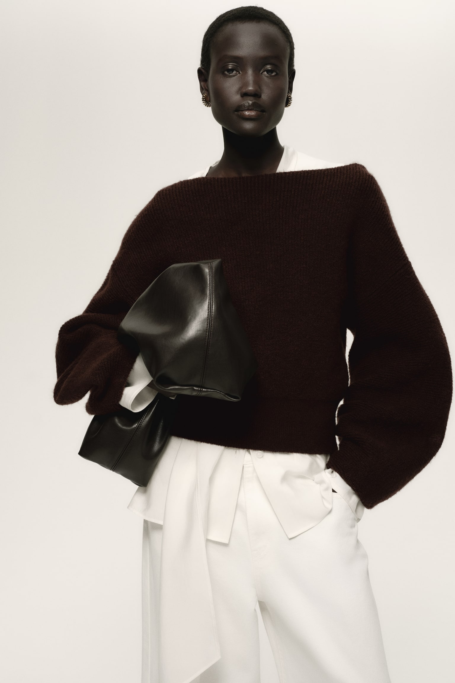 Suéter oversized con cuello de ojal - Café oscuro/Beige jaspeado claro - 2