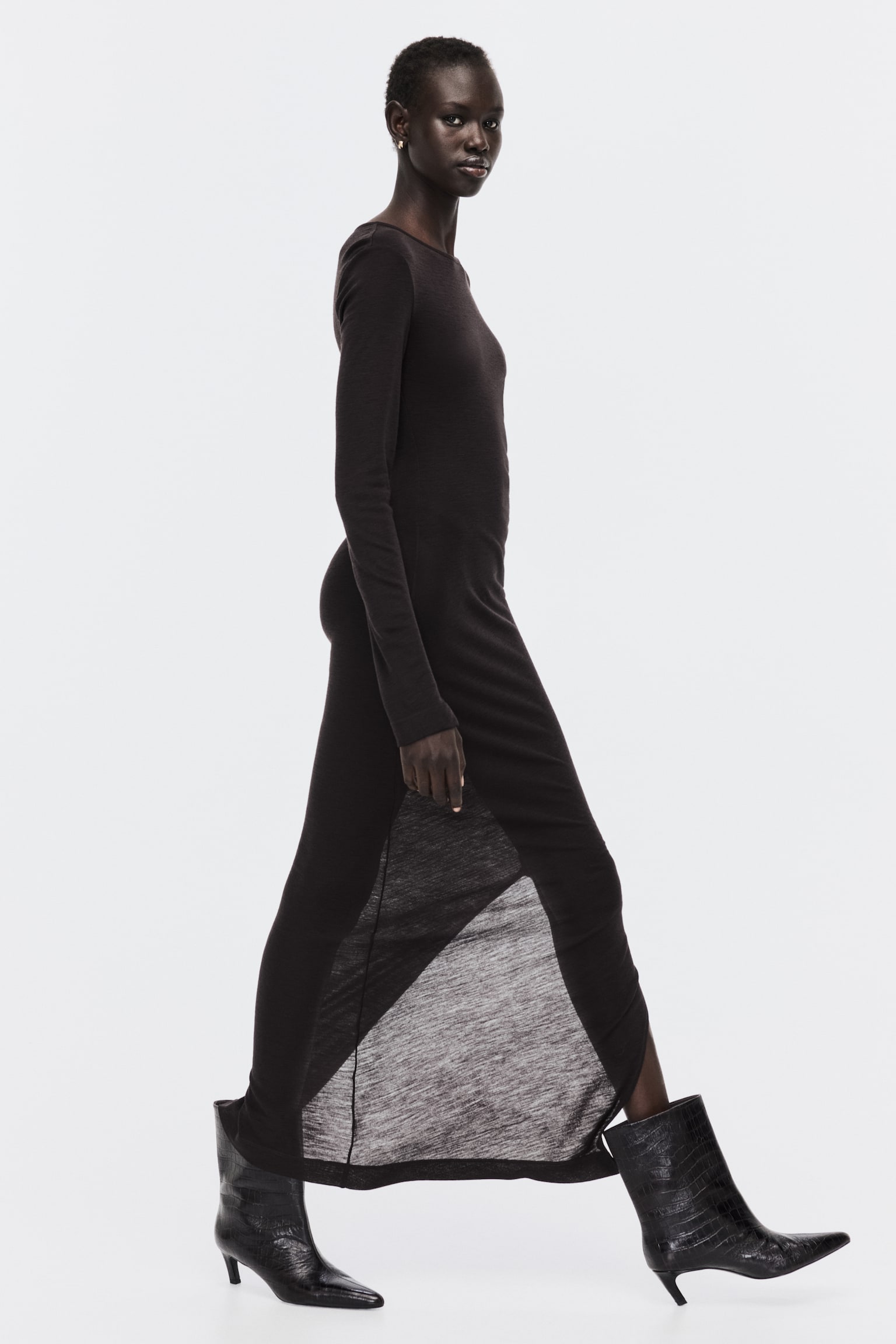 Abito lungo in lana - Marrone scuro/Grigio scuro mélange - 7