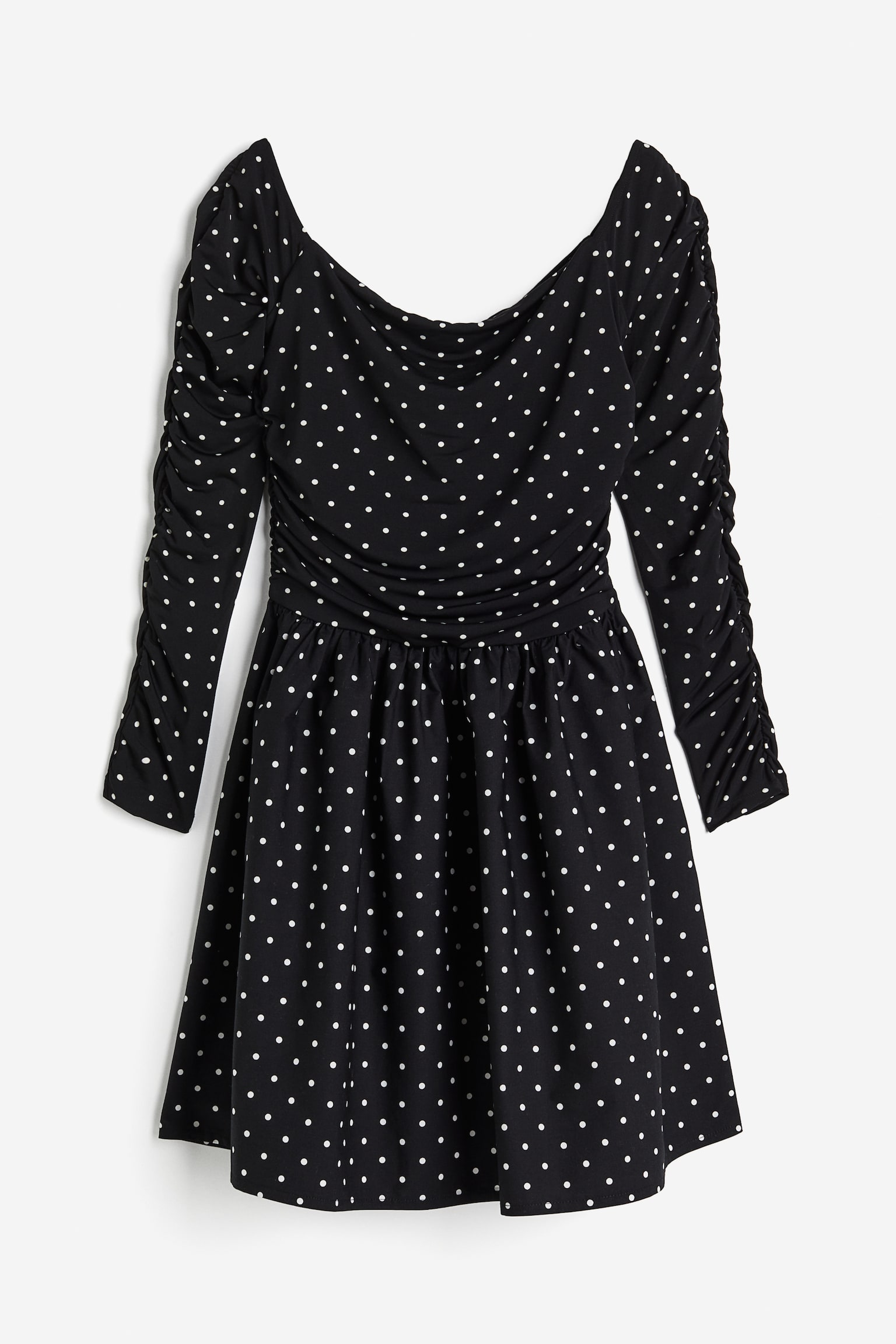 Gathered Off The Shoulder Dress - Black/Spot - 2