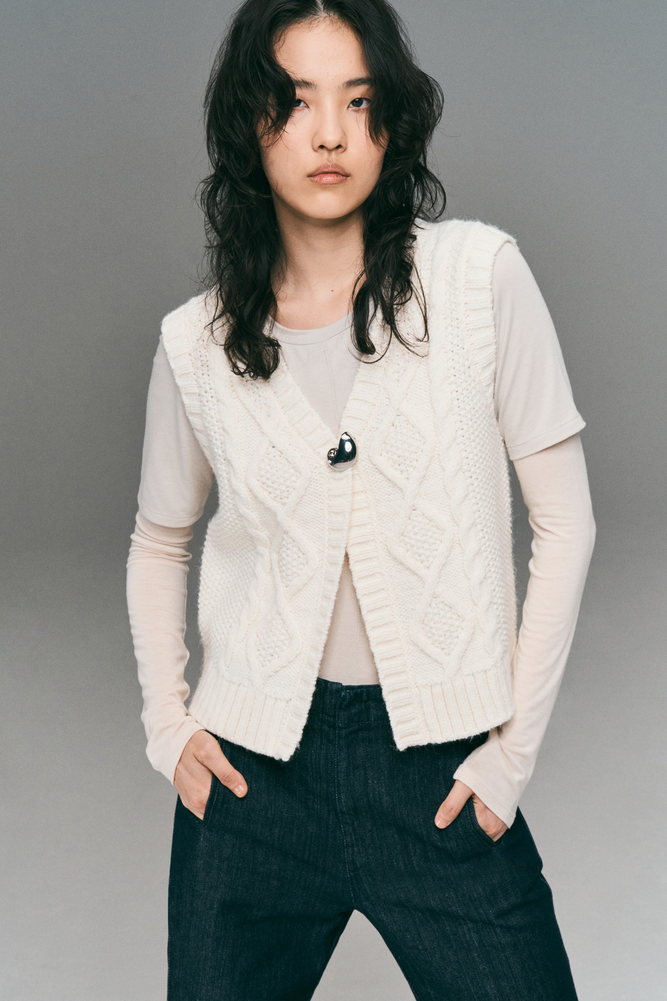 H & M - ケーブルニットベスト - ホワイト H & M - ケーブルニットベスト - ホワイト