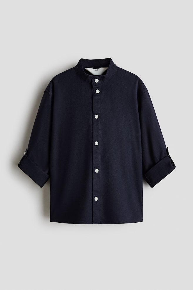 Linen-blend grandad shirt - Navy blue/Cream - 1
