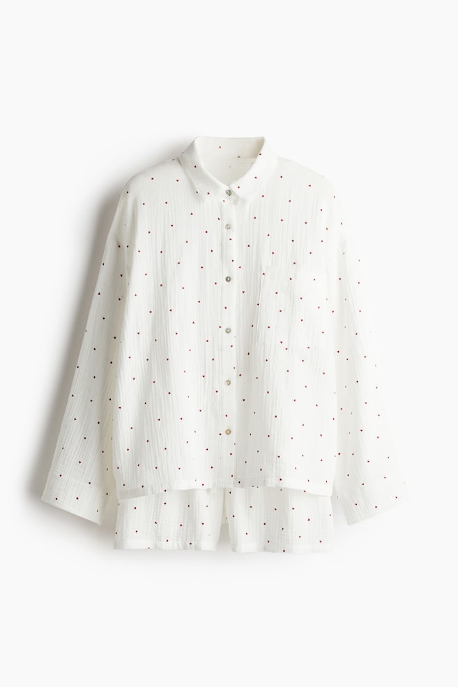 Pajama Shirt and Shorts - White/hearts/Cream/floral/Cream/polka dot/Dark gray/Dark blue/Light dusty pink/Light dusty blue/Dusty brown - 1