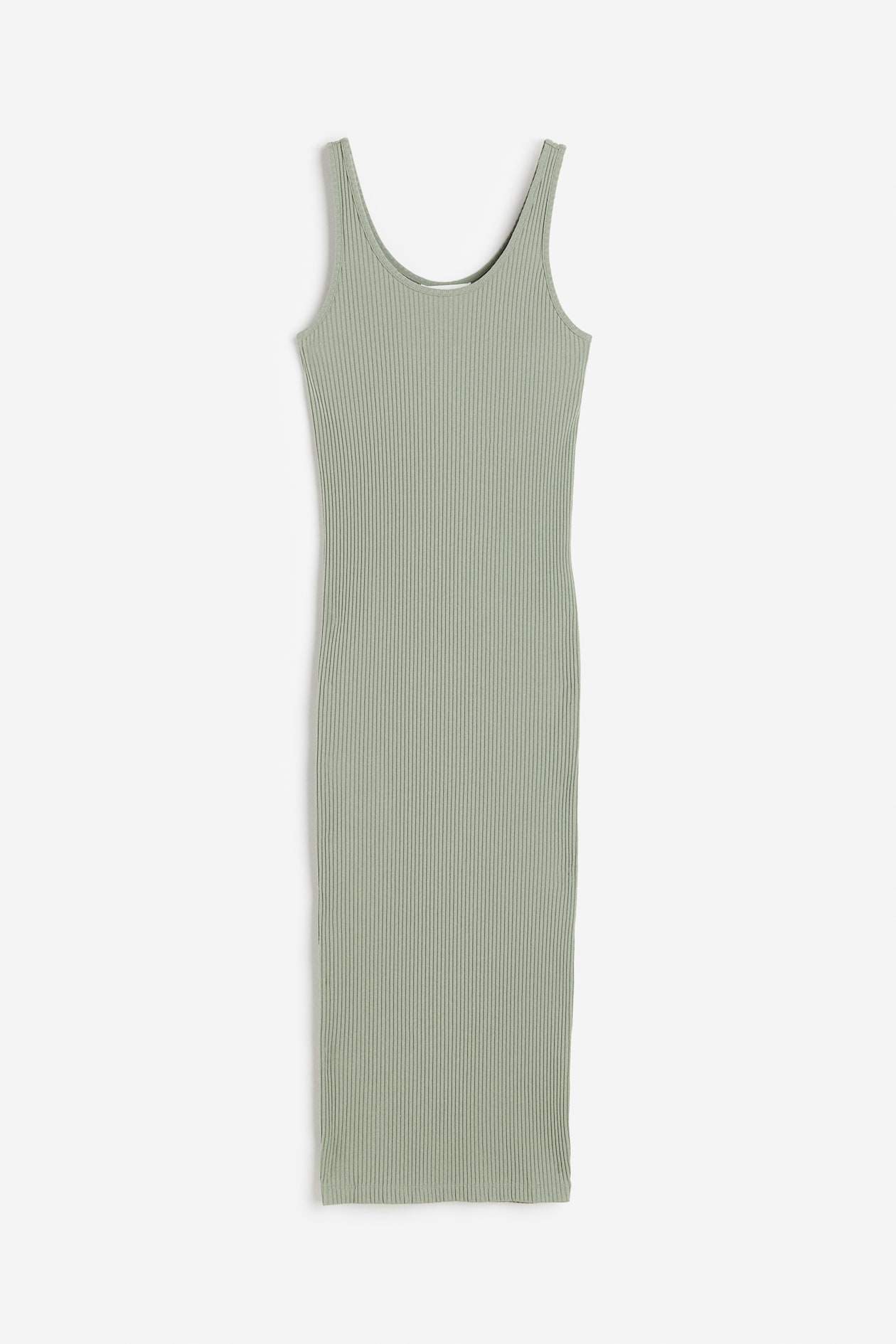 Ribbed Bodycon Dress - Low-cut Neckline - Sleeveless - Sage green 