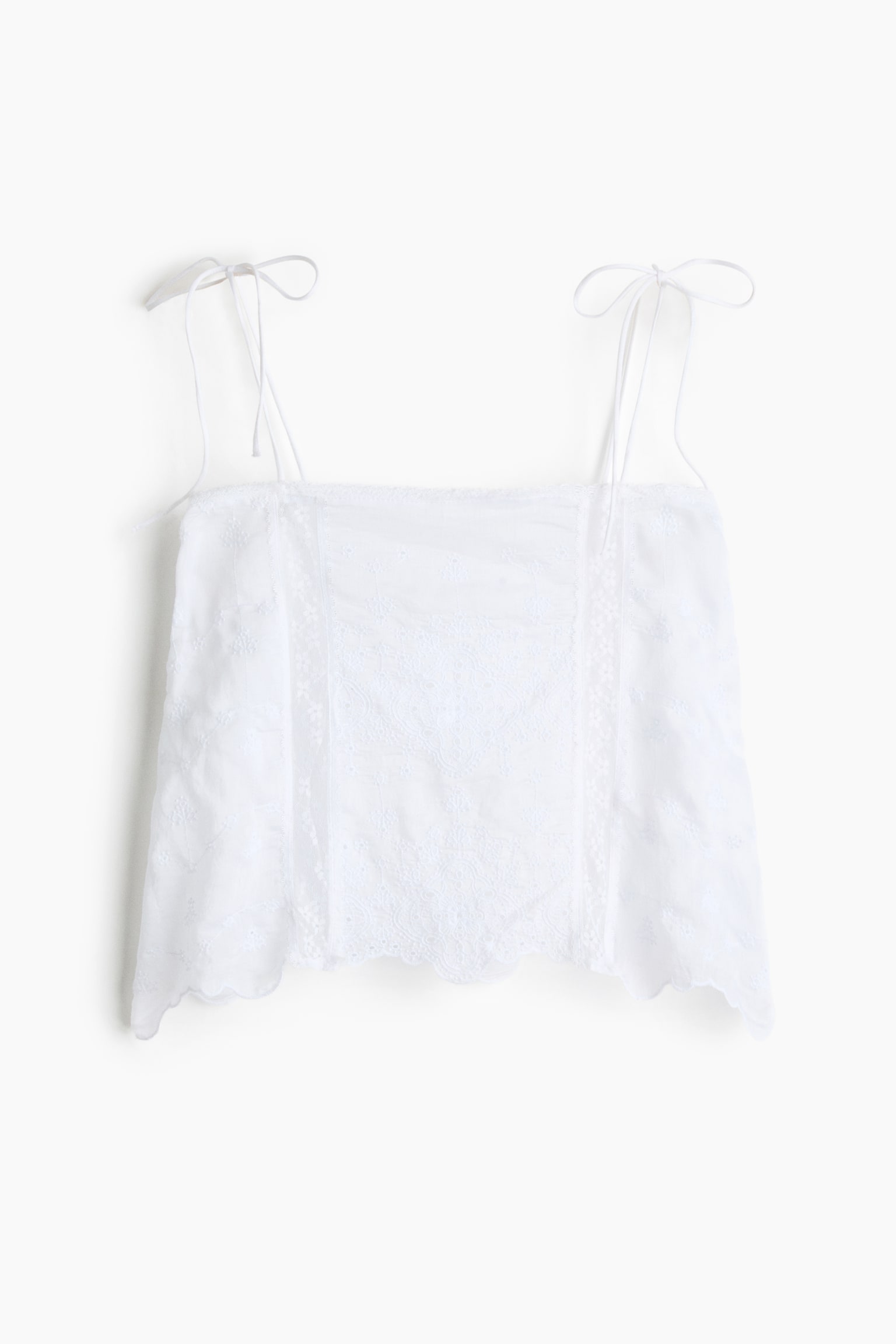 Top med broderie anglaise og bindestropper-Hvid - 1