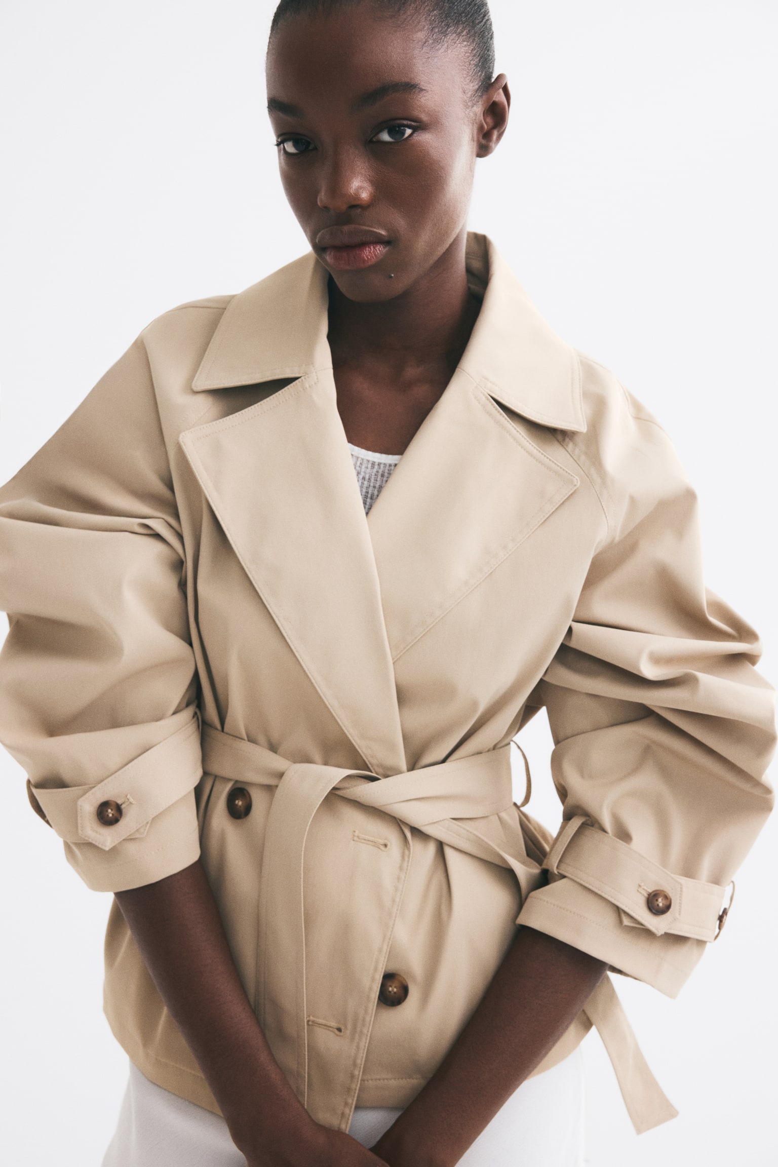 Short tie-belt trench coat - Beige/Dark mole - 1