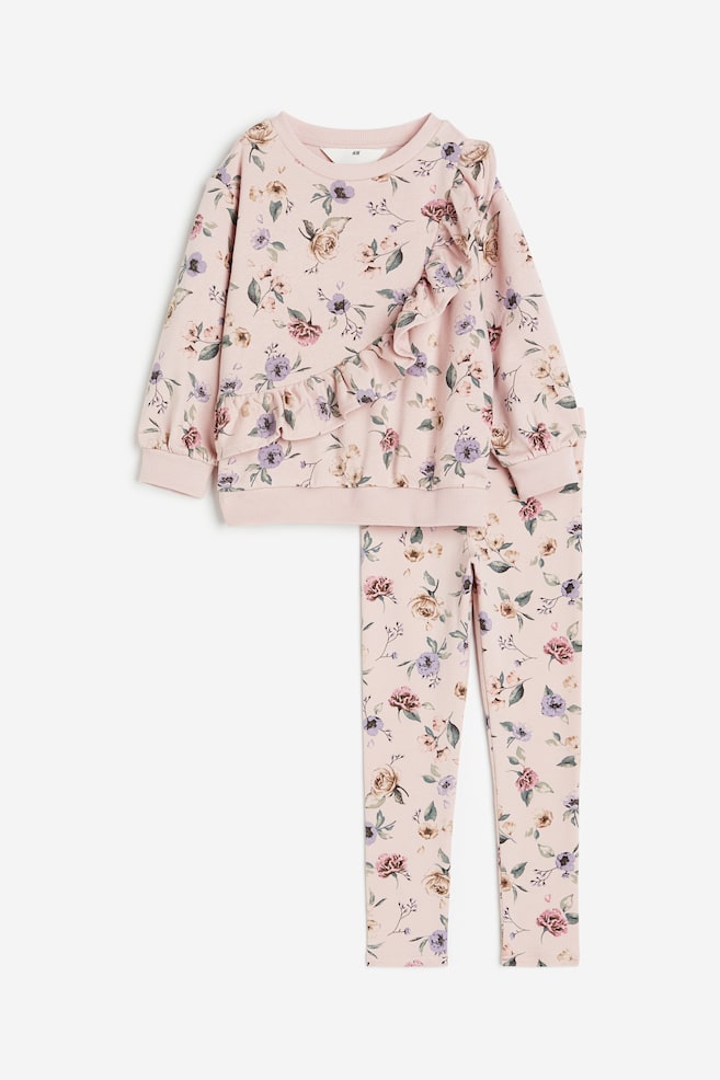2-piece sweatshirt and leggings set - Light dusty pink/Floral/White/Hearts/White/Striped - 1