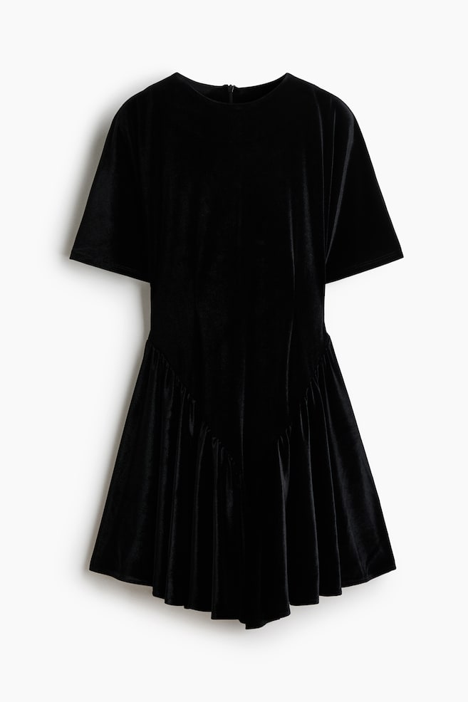 Velour Dress with Flared Skirt - Black - 1