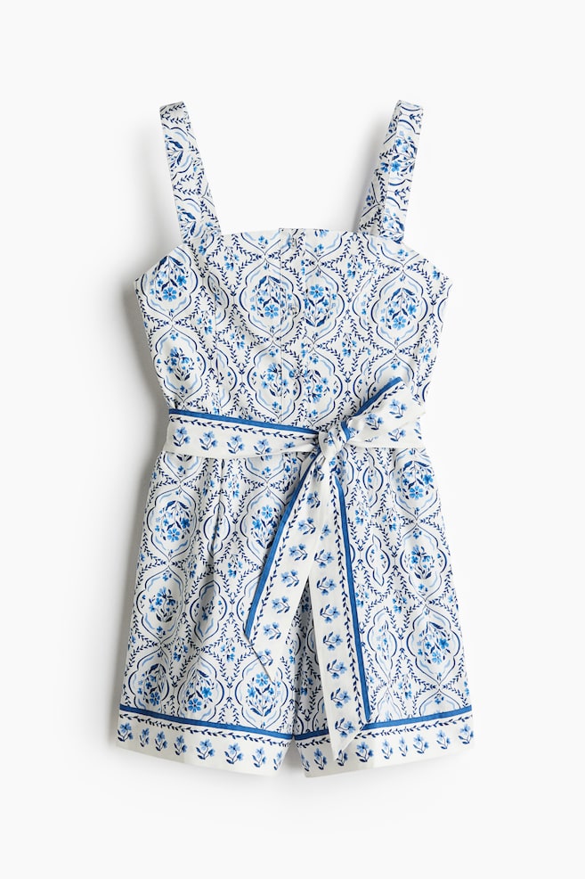 Mono corto en popelina de algodón - Blanco/Estampado azul/Blanco/Limones - 1