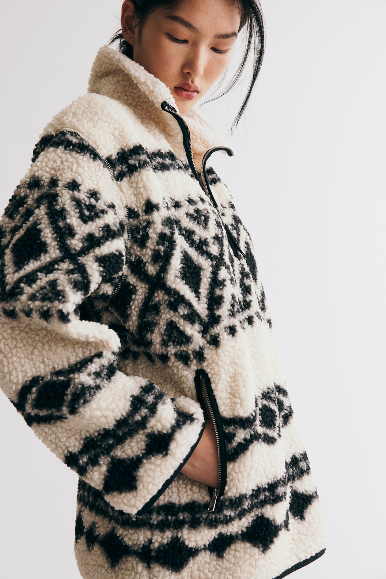 Giacca in pelliccia di pile con mezza cerniera Crema/fantasia