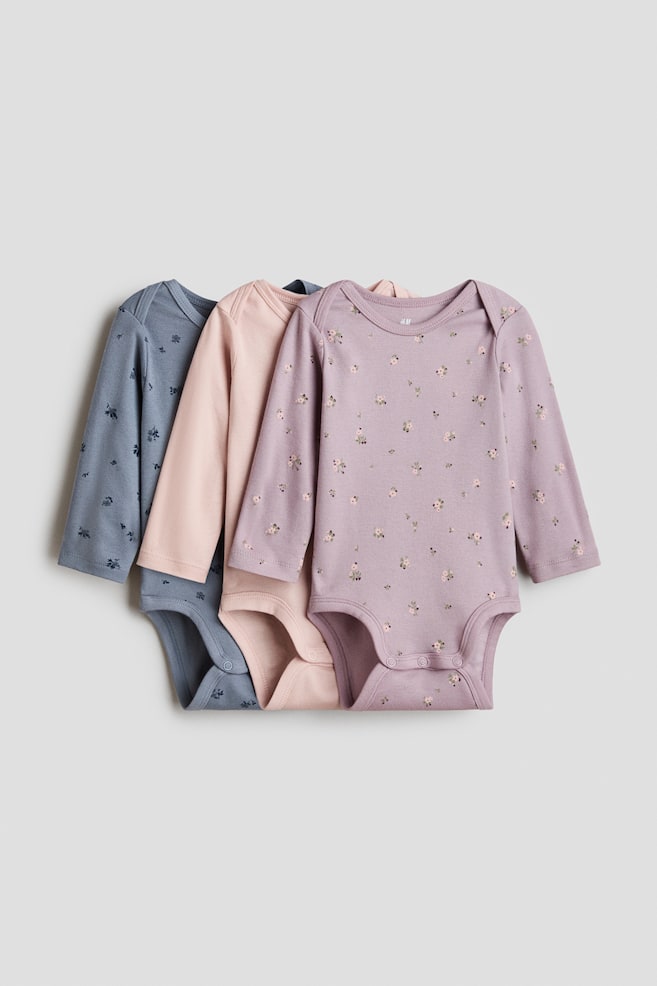 3-Pack Cotton Bodysuits with Lap Shoulders - Light purple/floral/Pink/cherries/Light pink/patterned - 1