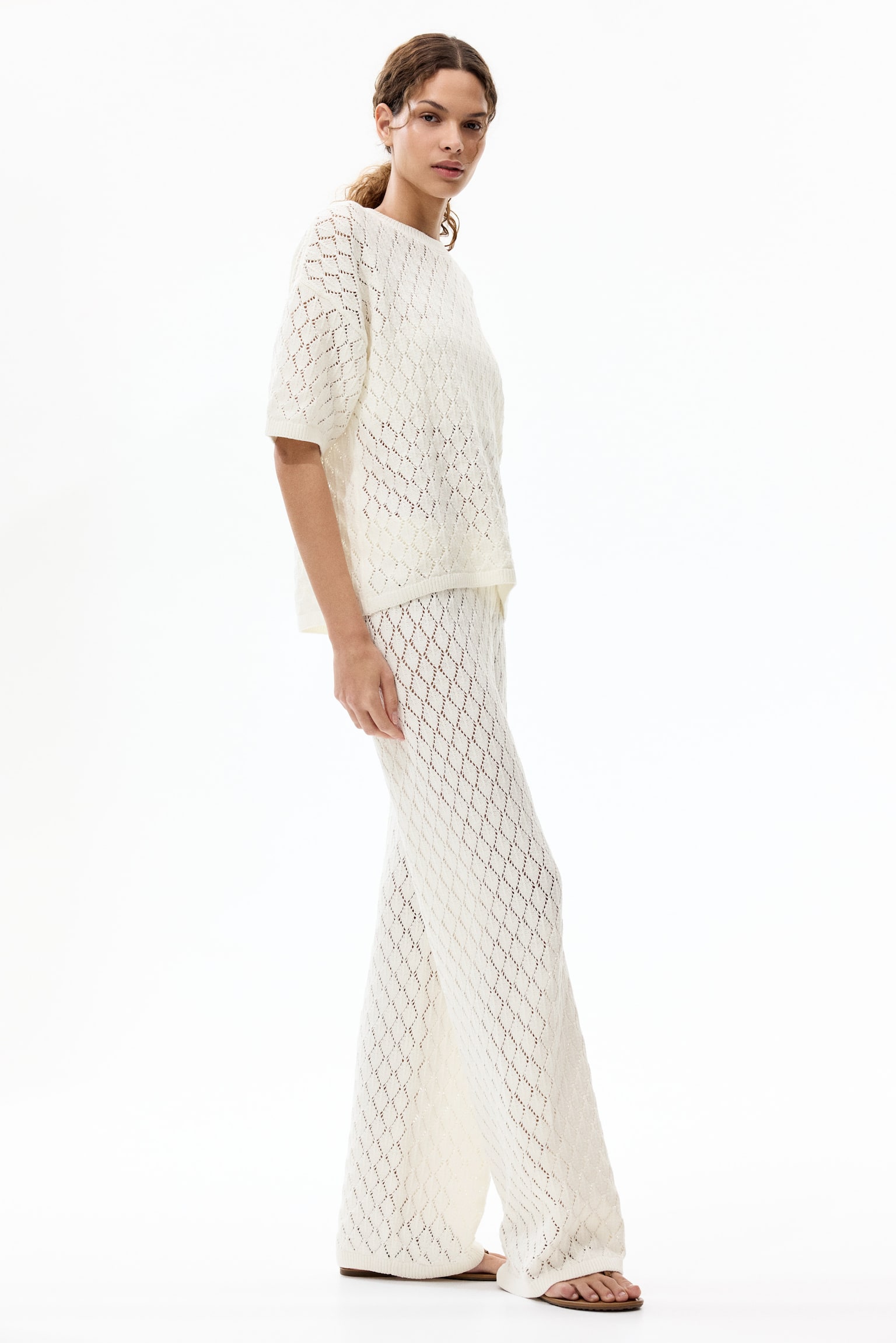 Pantaloni tricotați cu model pointelle - Crem - 4