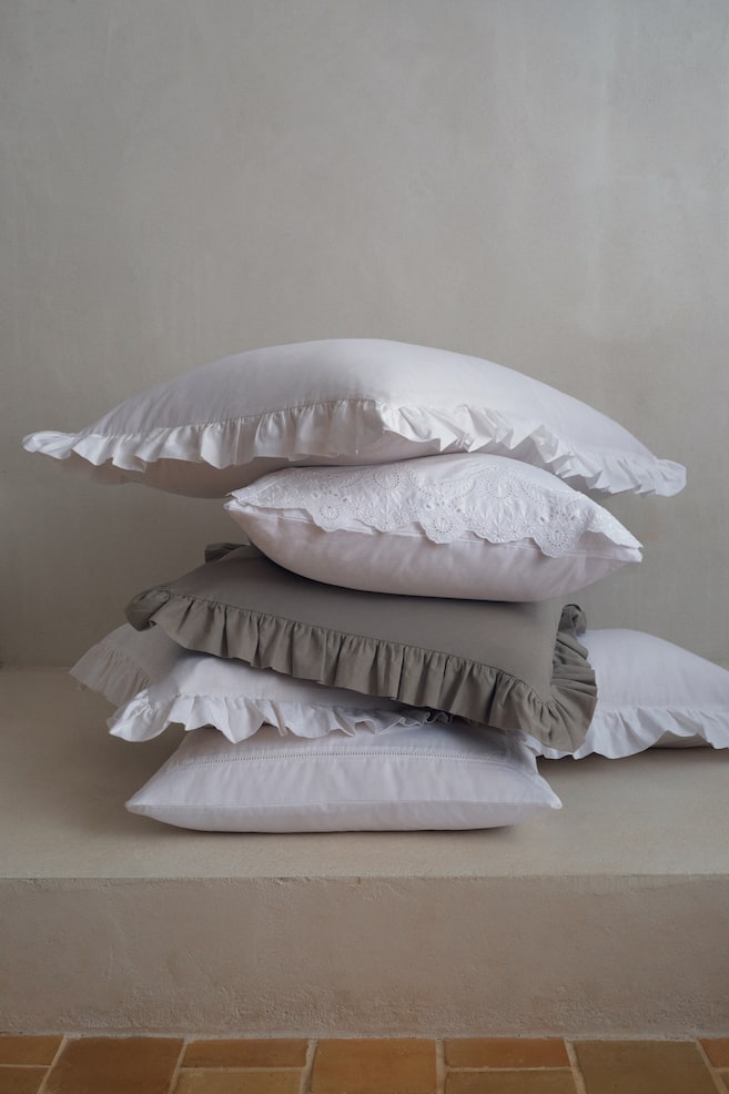 Ruffle-Trimmed Cotton Cushion Cover-Light taupe - 3