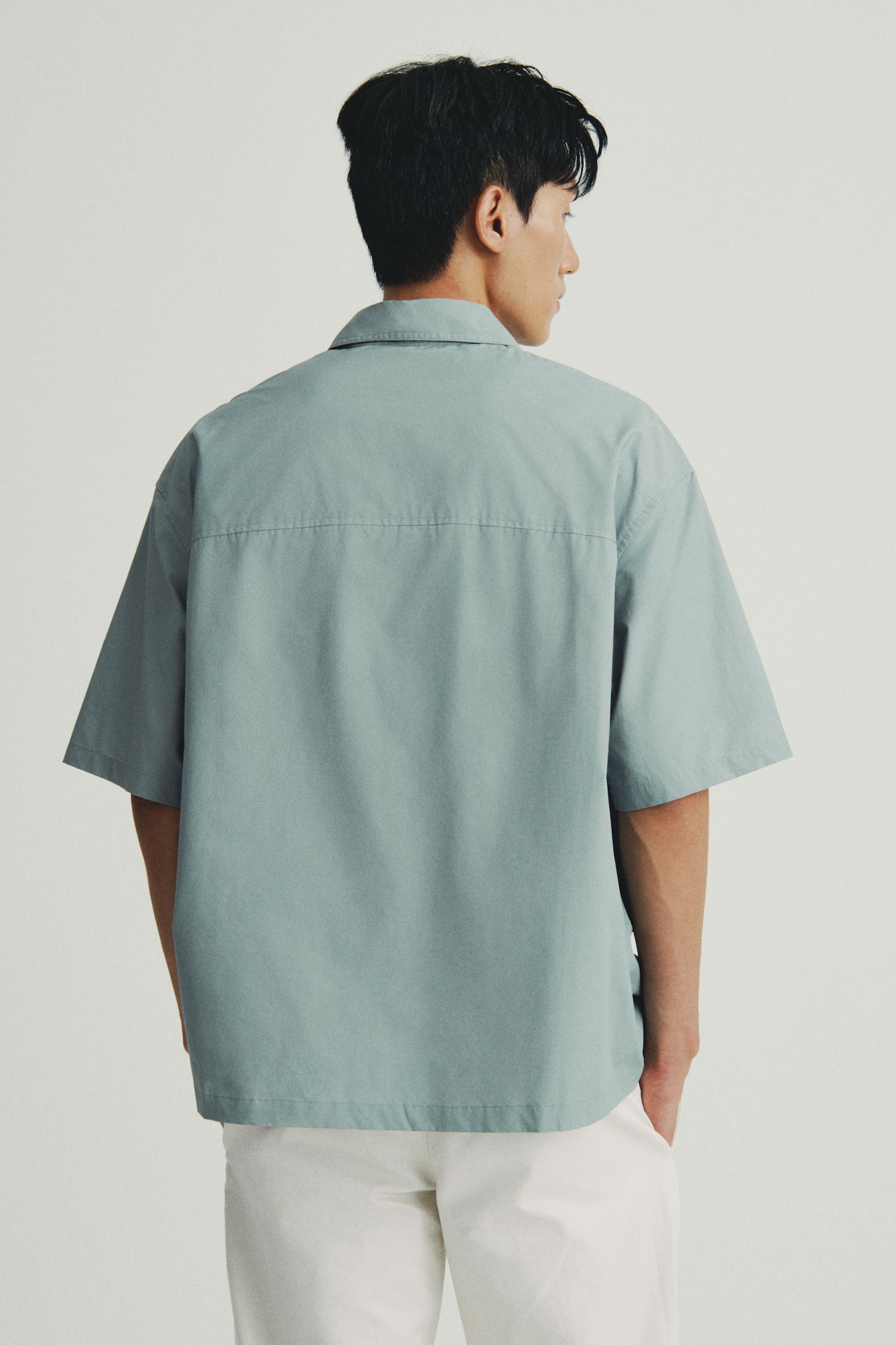 Loose Fit Short-sleeved cotton shirt - 灰綠色/奶油色 - 3