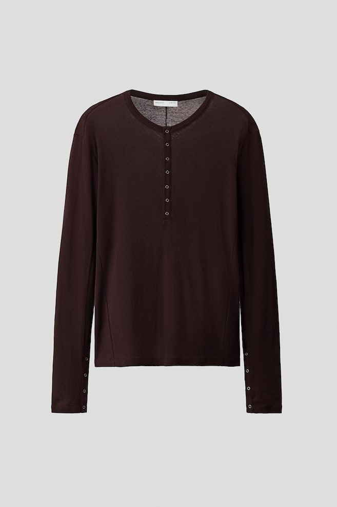 Slim Fit Cotton Henley top - Dark brown/Black/Light grey/Dark khaki green - 1