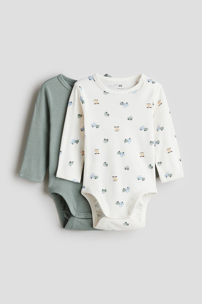 2-pack long-sleeved bodysuits - Dusty green/Vehicles/Light pink/Cherries/Beige/Giraffes/Dark green/Vehicles/Dark beige/Bears - 1