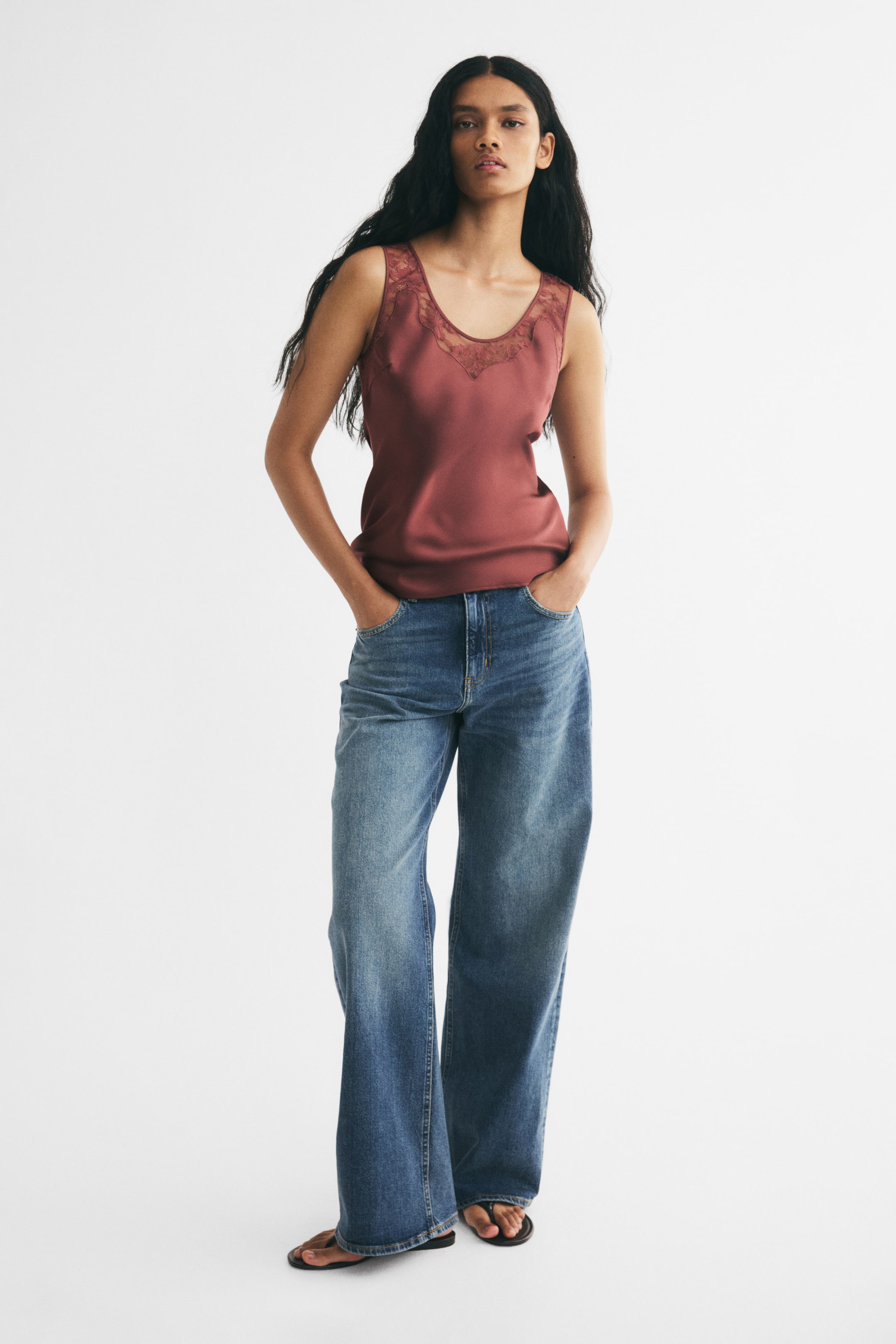 Lace-Inset Satin Top