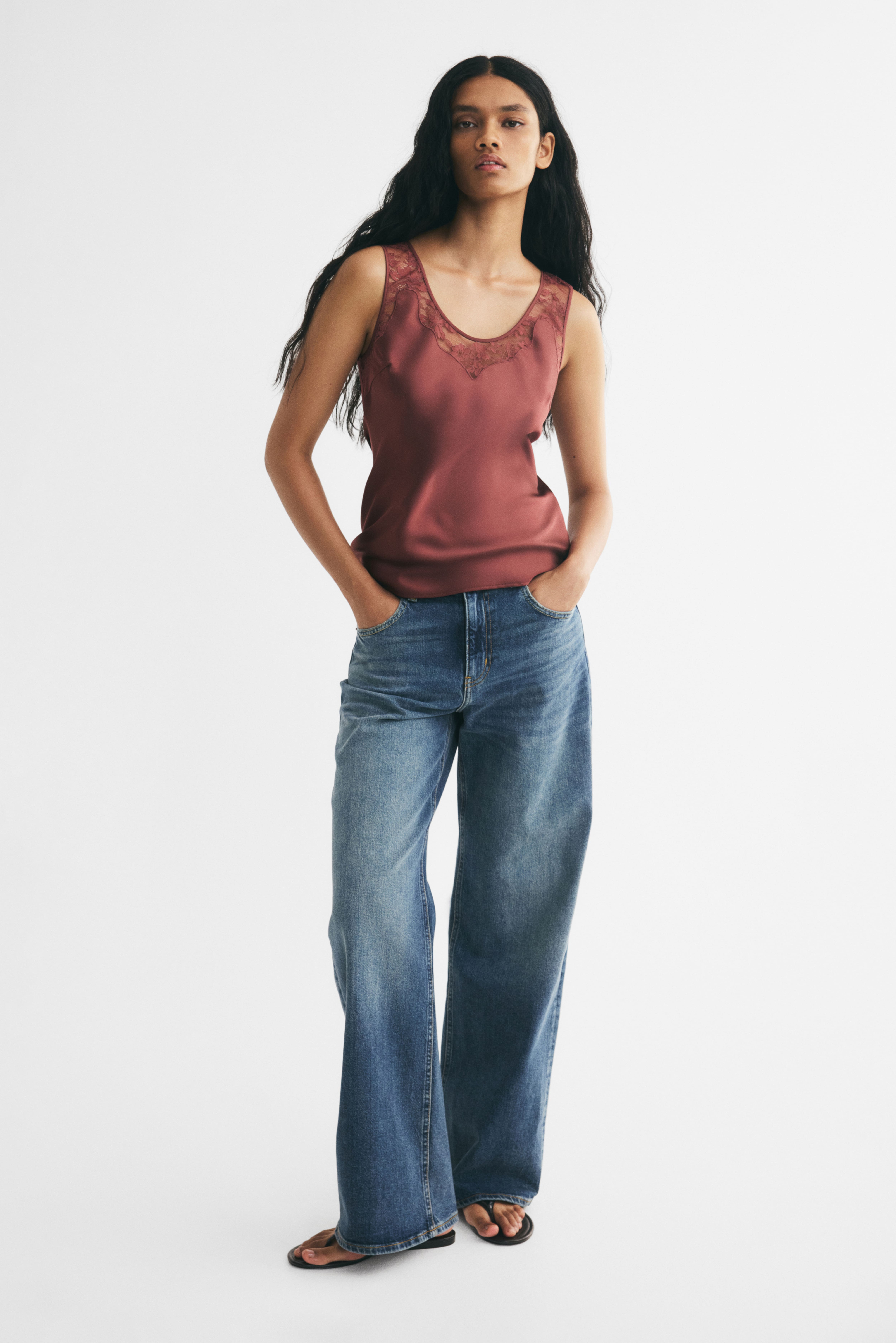 Lace-Inset Satin Top