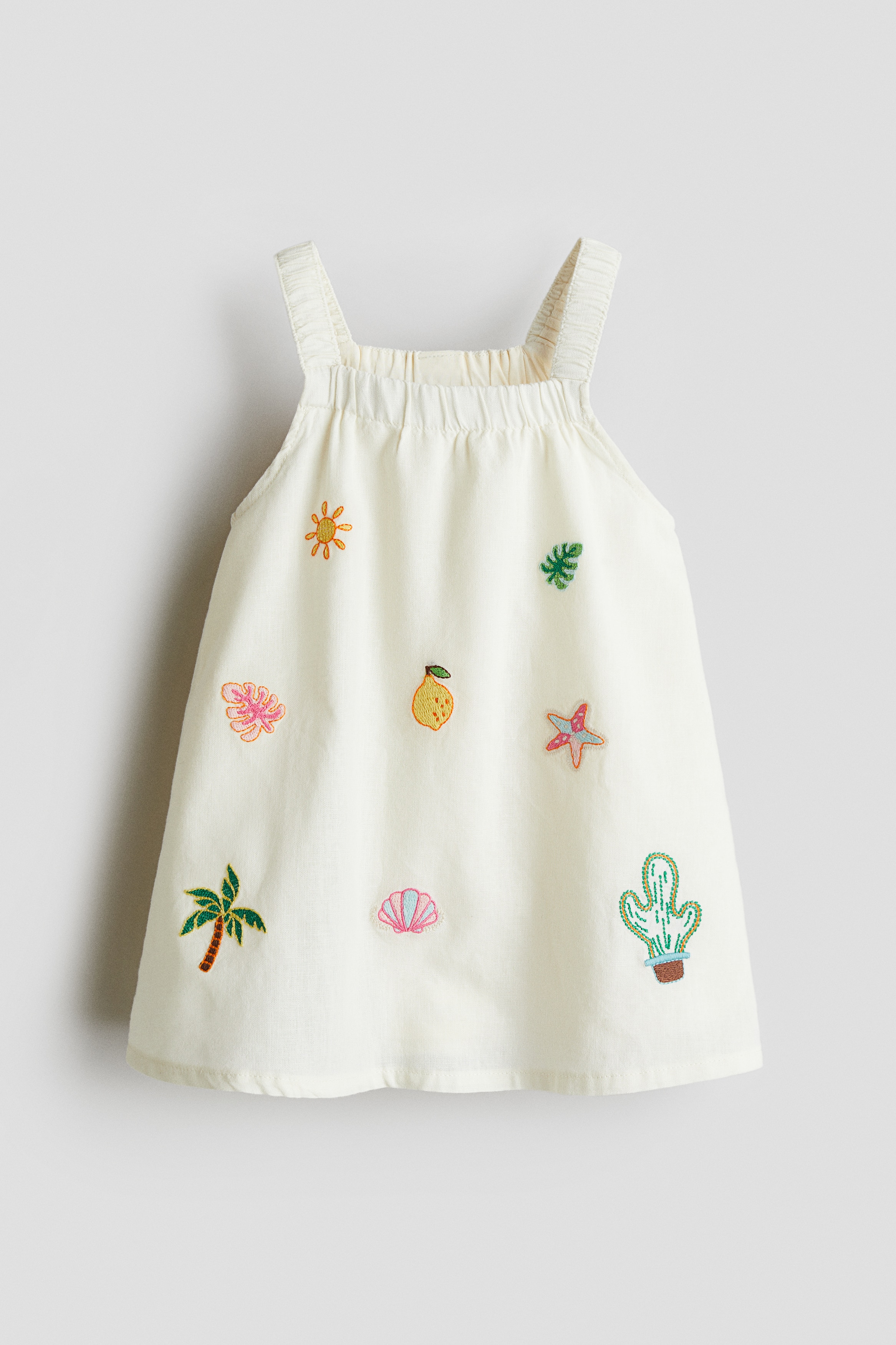 Sukienka z domieszką lnu - Biały/Cytryna