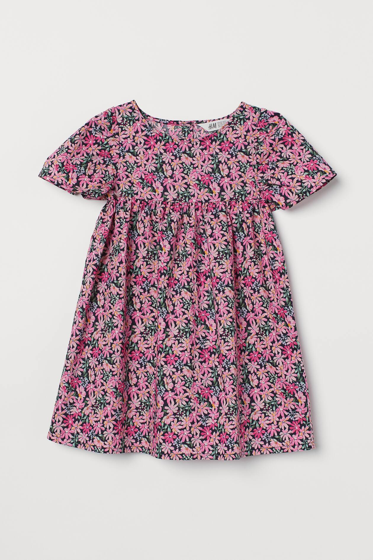 Cotton dress - Round neck - Short sleeve - Dark blue/Floral - Kids | H&M GB