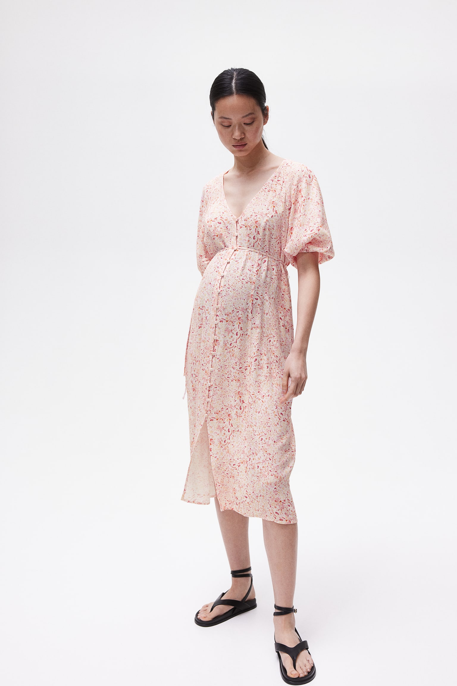 MAMA Tie-belt crêpe dress - Light pink/Small flowers/White/Floral - 5