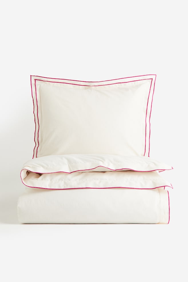Enkelt sengesæt i bomuld - Hvid/Varm rosa - 1