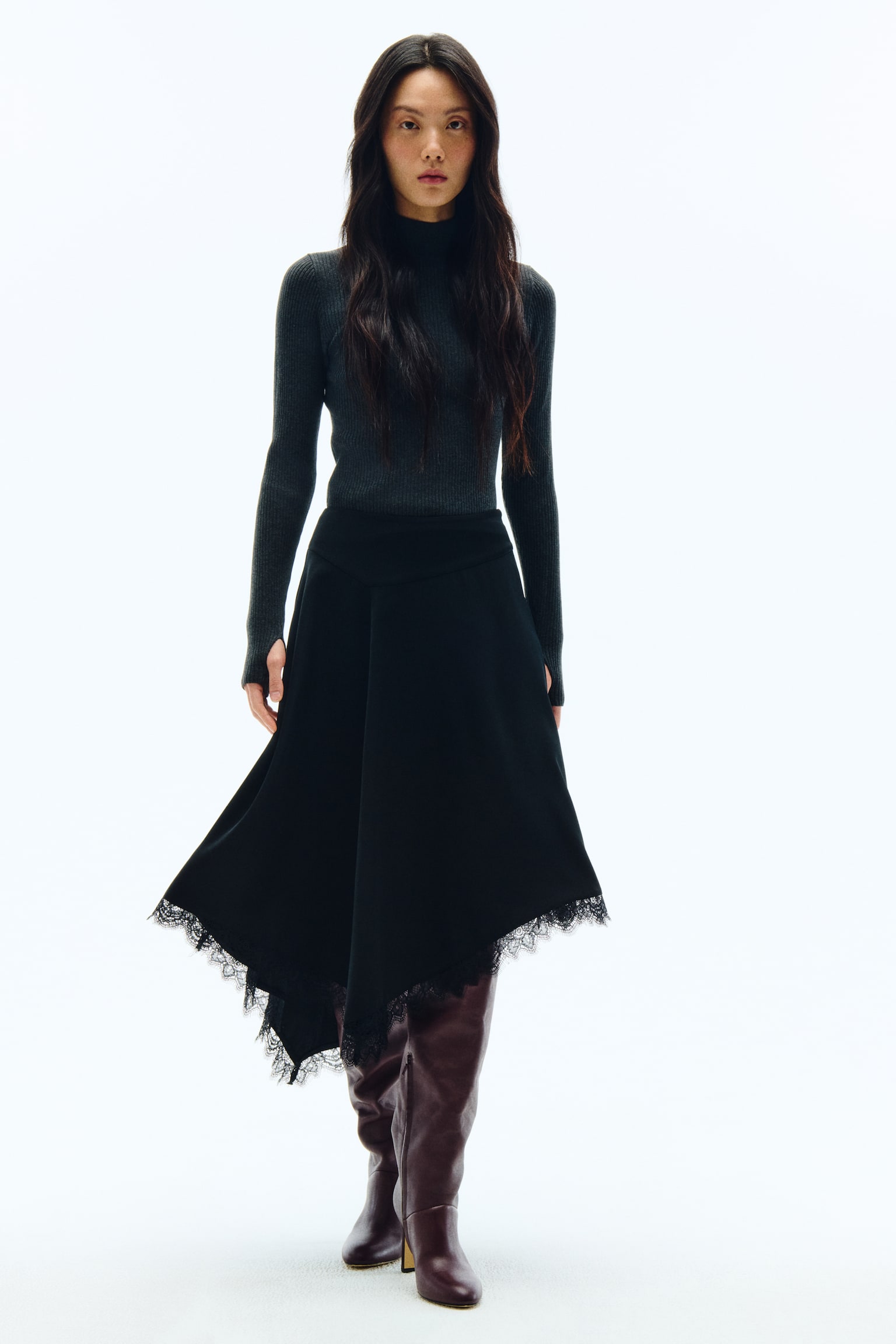 リブハイネックトップス - ダークグレーメランジ/バーガンディ - 1