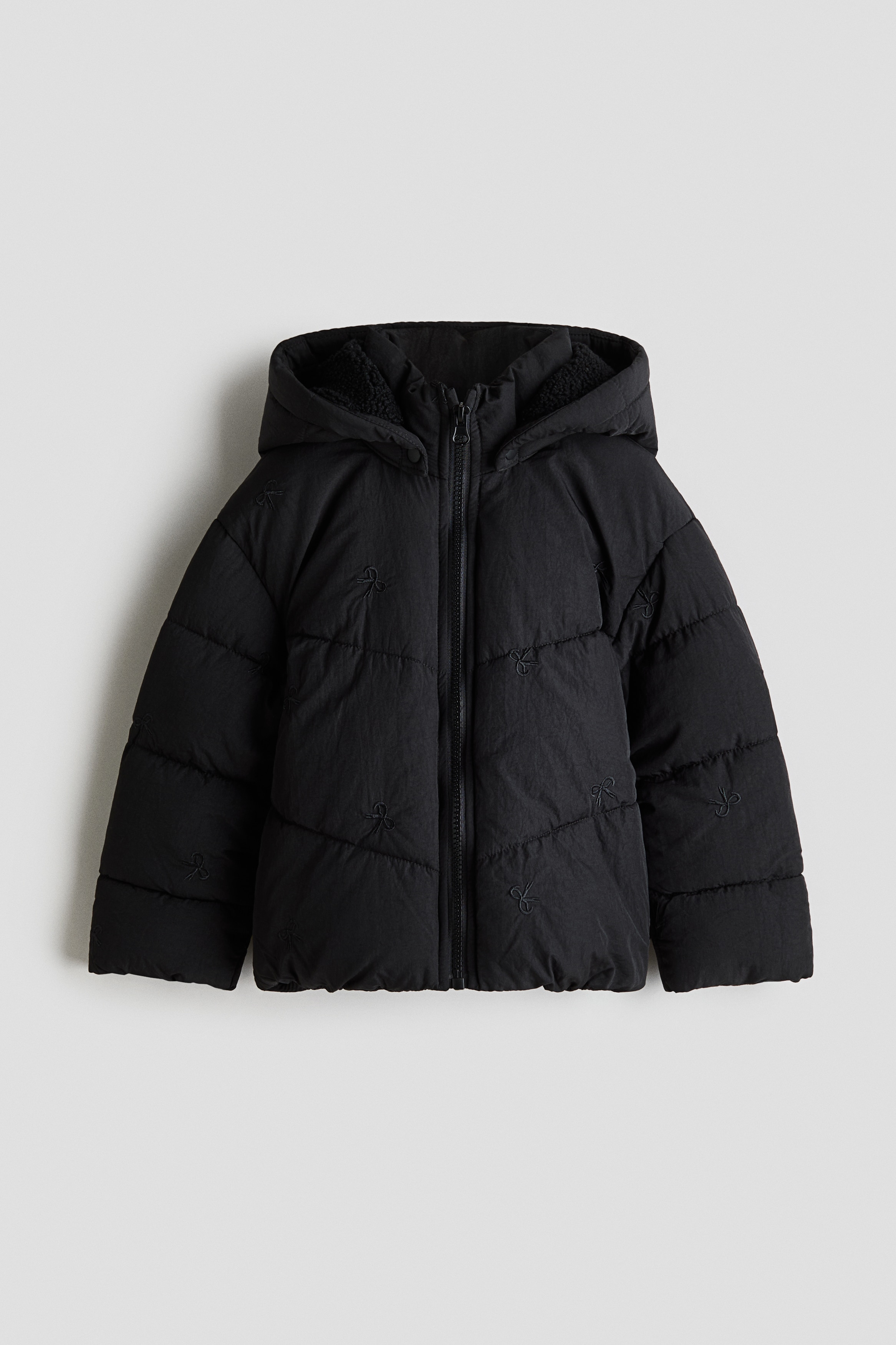 Embroidered puffer jacket - Black/Powder pink/Bows