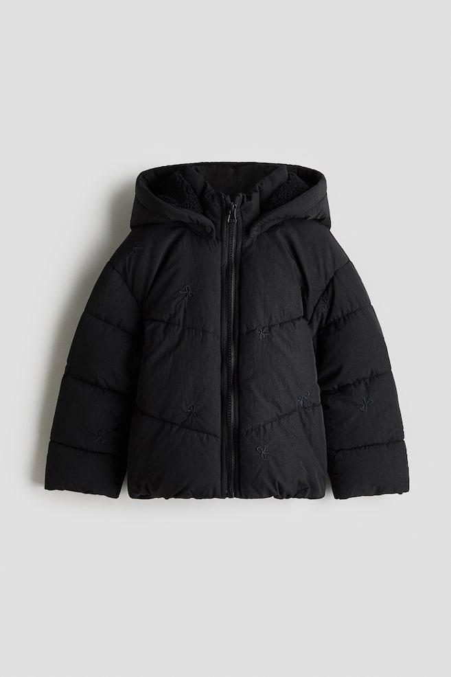 Embroidered puffer jacket - Black/Powder pink/Bows - 1