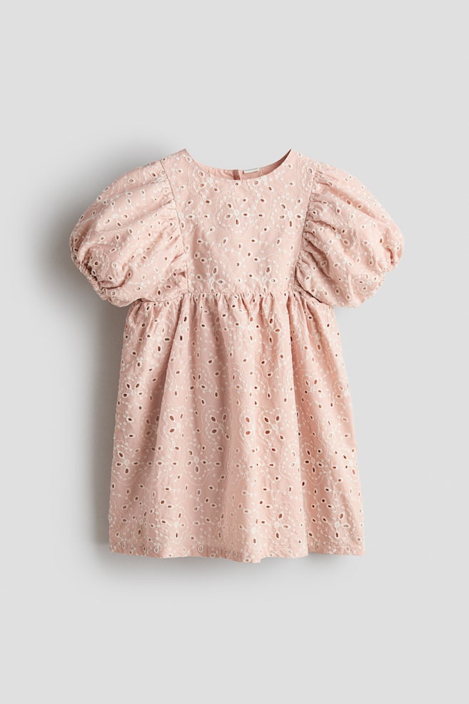 Katoenen jurk met broderie anglaise - Perzik/Lichtblauw - 1